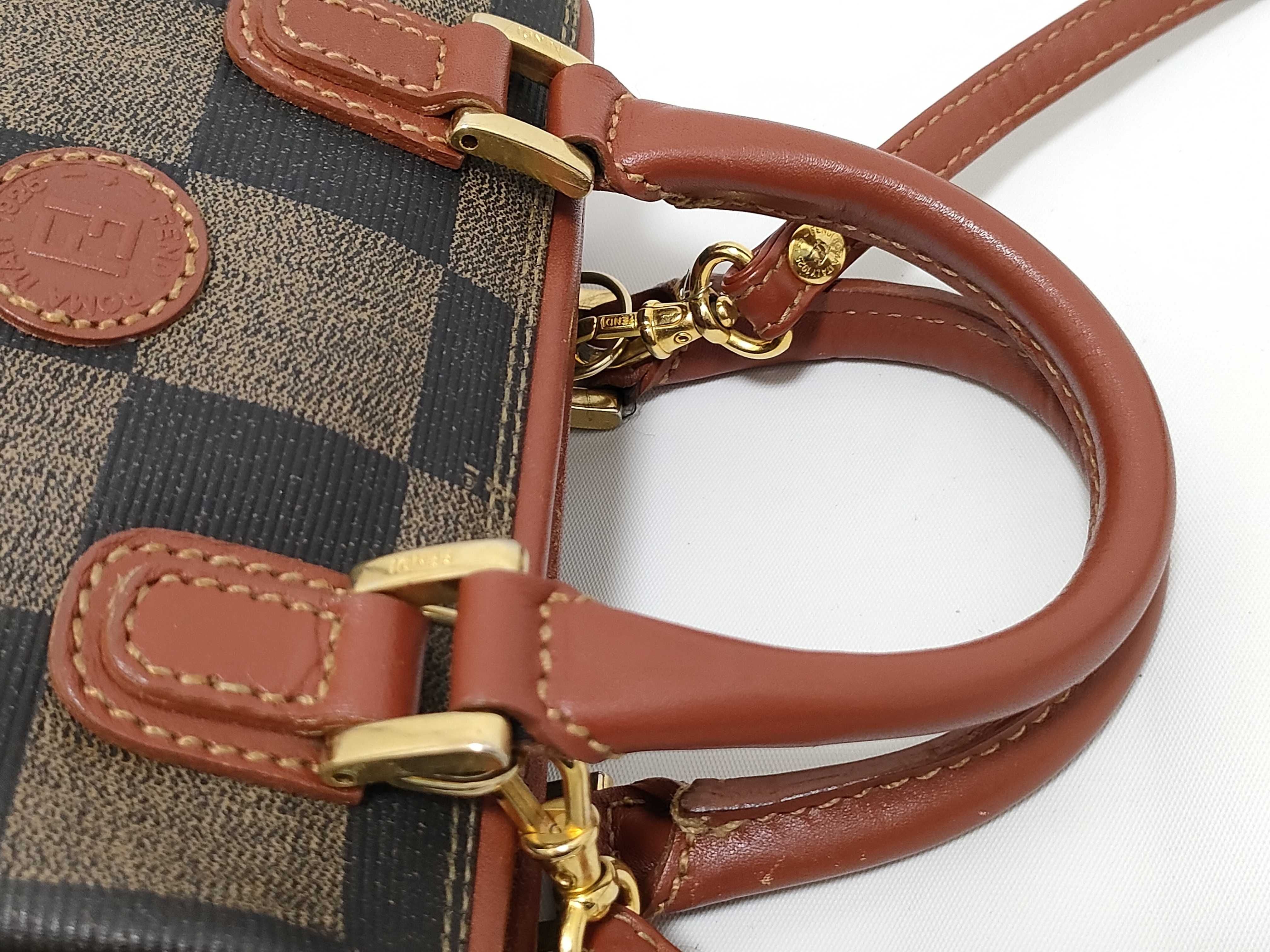 Fendi Pequin Mini Boston Bag — Tobacco × Bordeaux