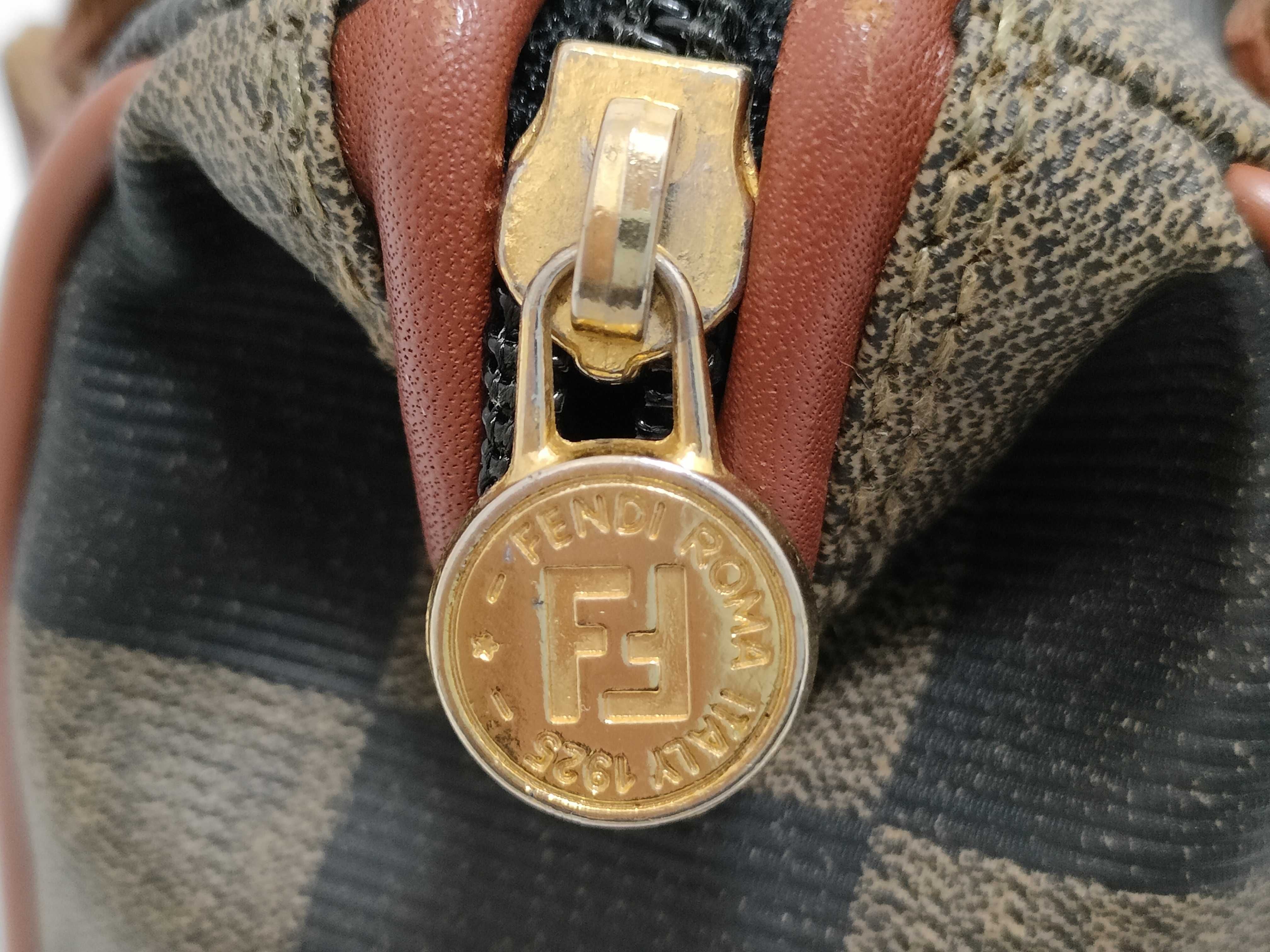 Fendi Pequin Mini Boston Bag — Tobacco × Bordeaux