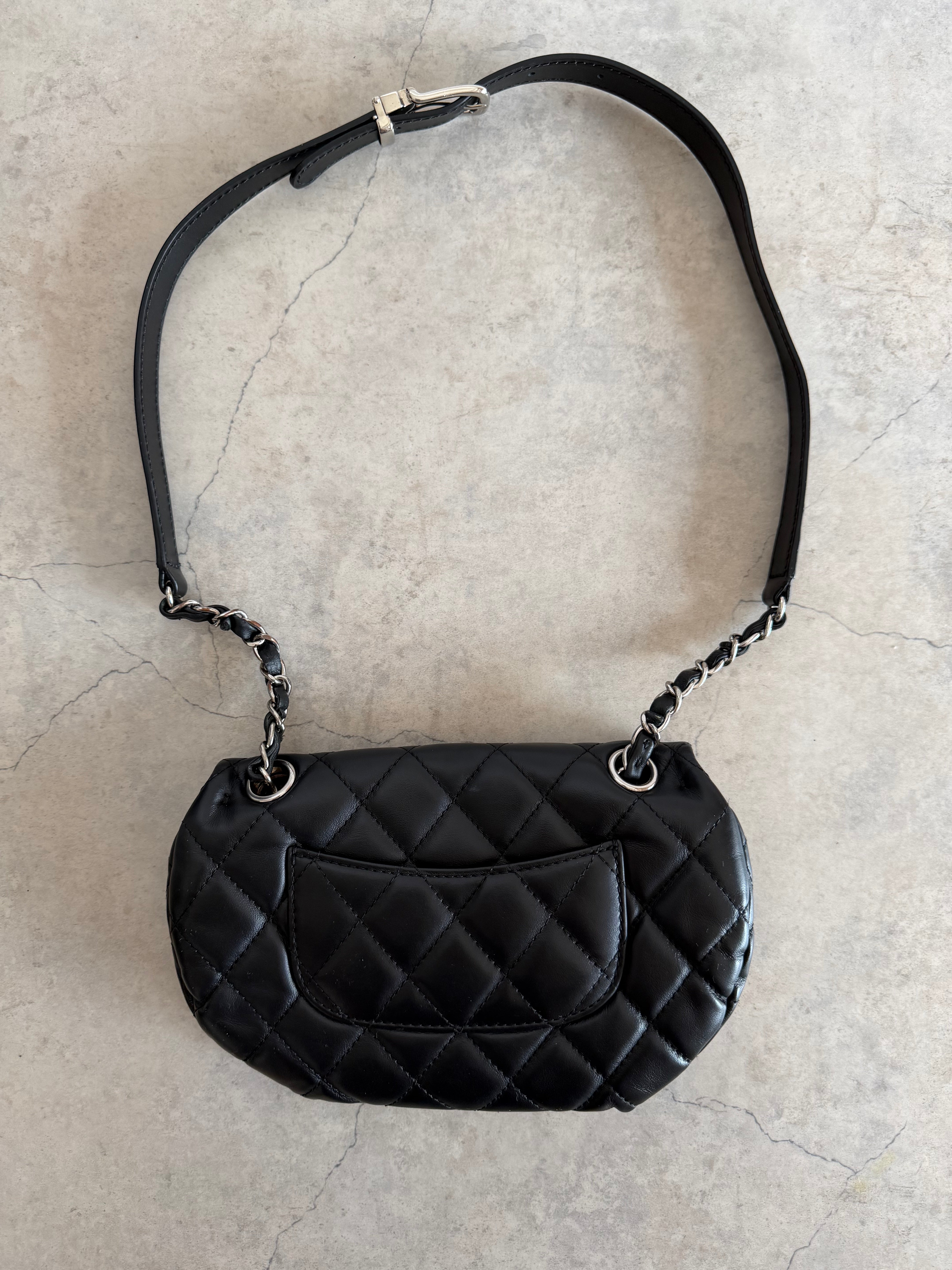 Uniform Quilted Leather Flap Shoulder Bag Black Silver CC