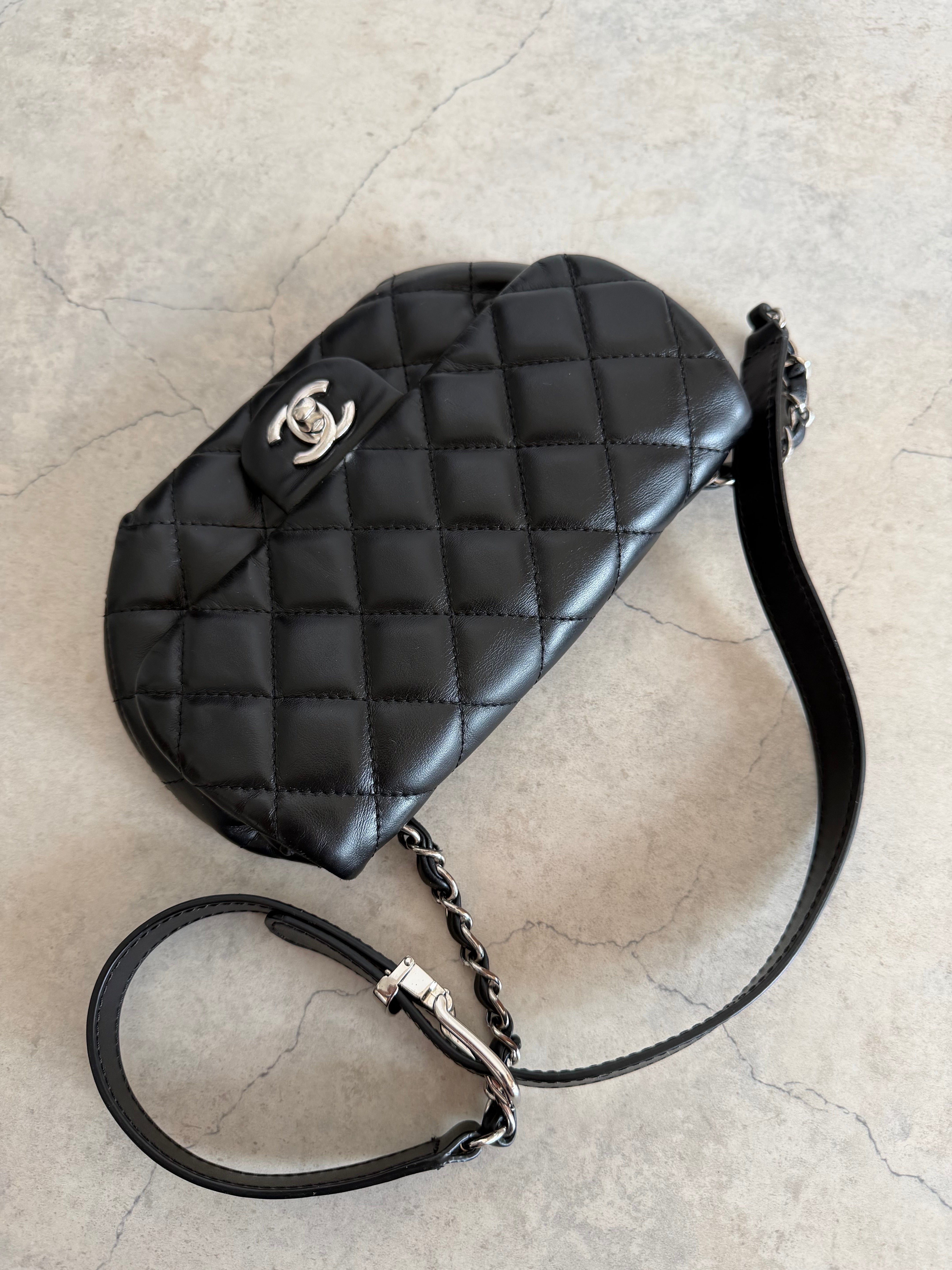 Uniform Quilted Leather Flap Shoulder Bag Black Silver CC
