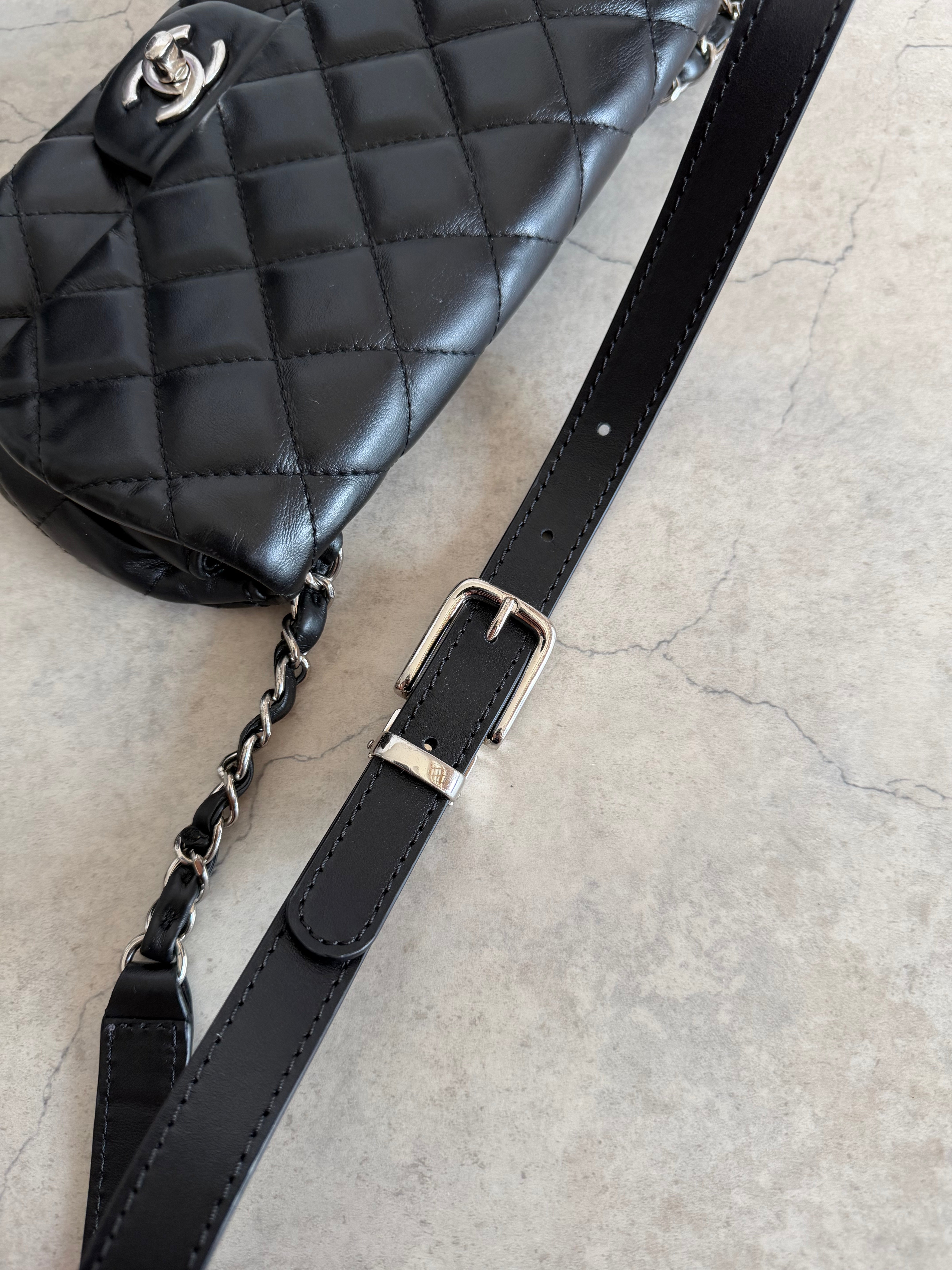 Uniform Quilted Leather Flap Shoulder Bag Black Silver CC