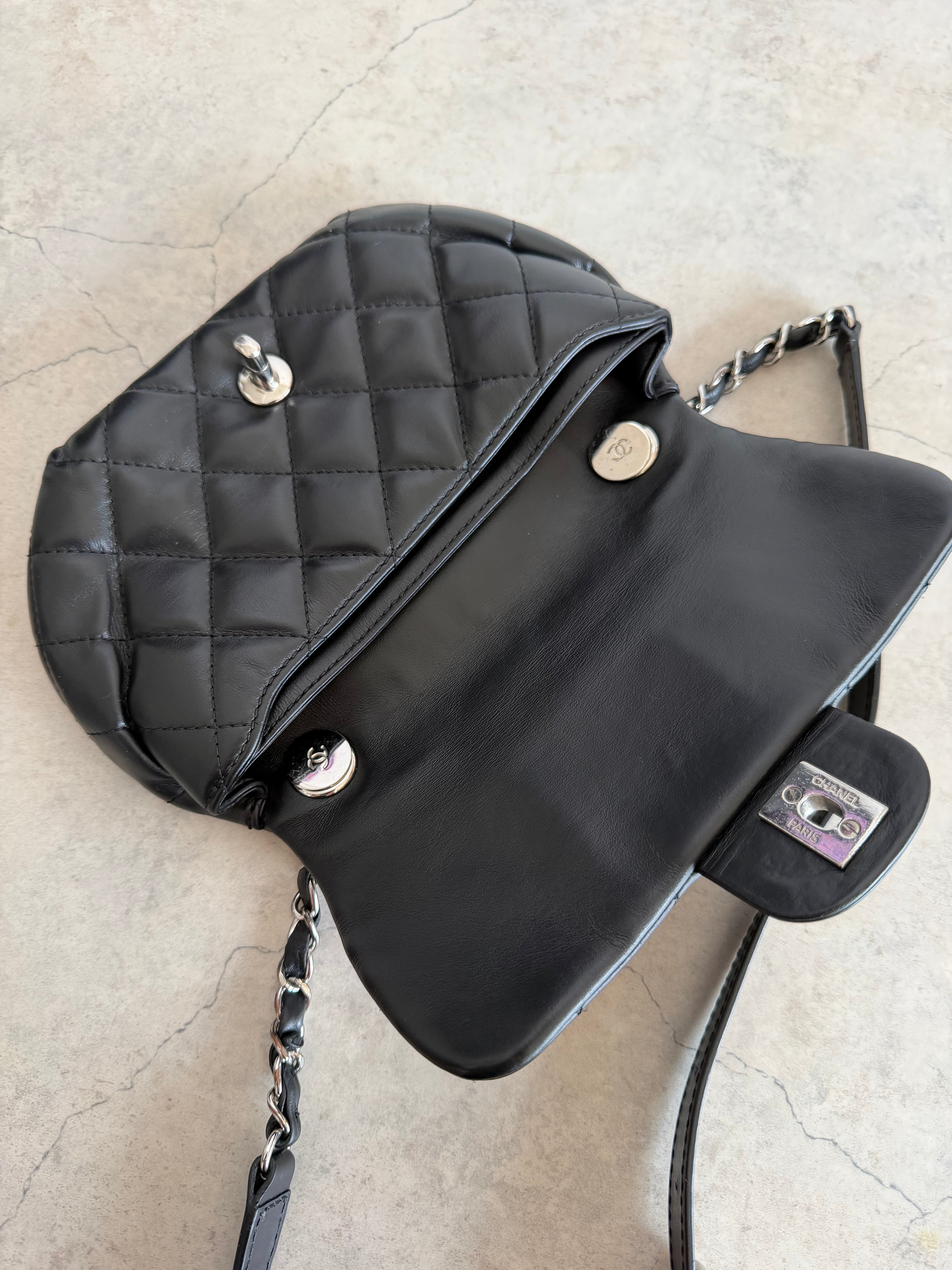 Uniform Quilted Leather Flap Shoulder Bag Black Silver CC