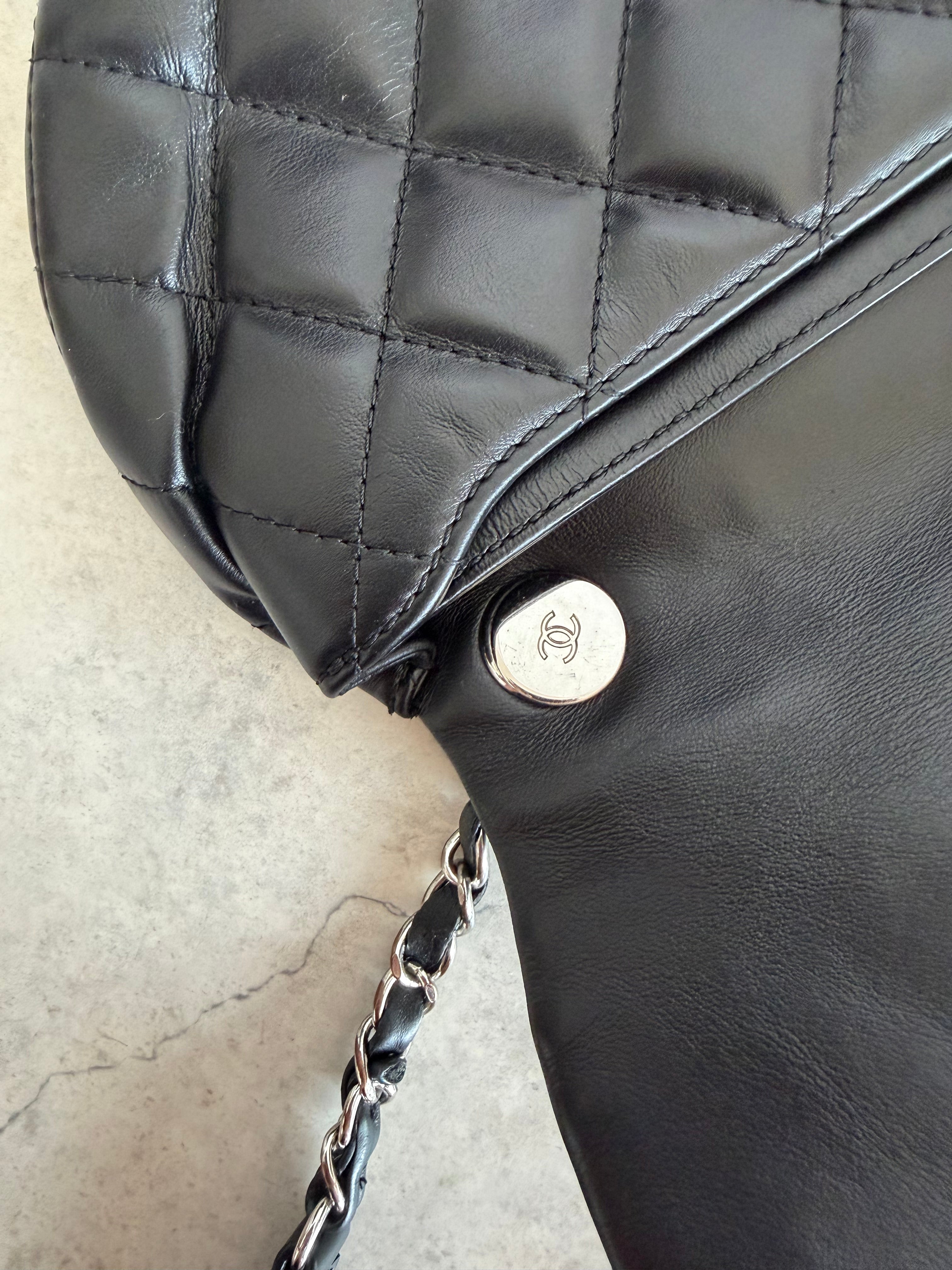 Uniform Quilted Leather Flap Shoulder Bag Black Silver CC