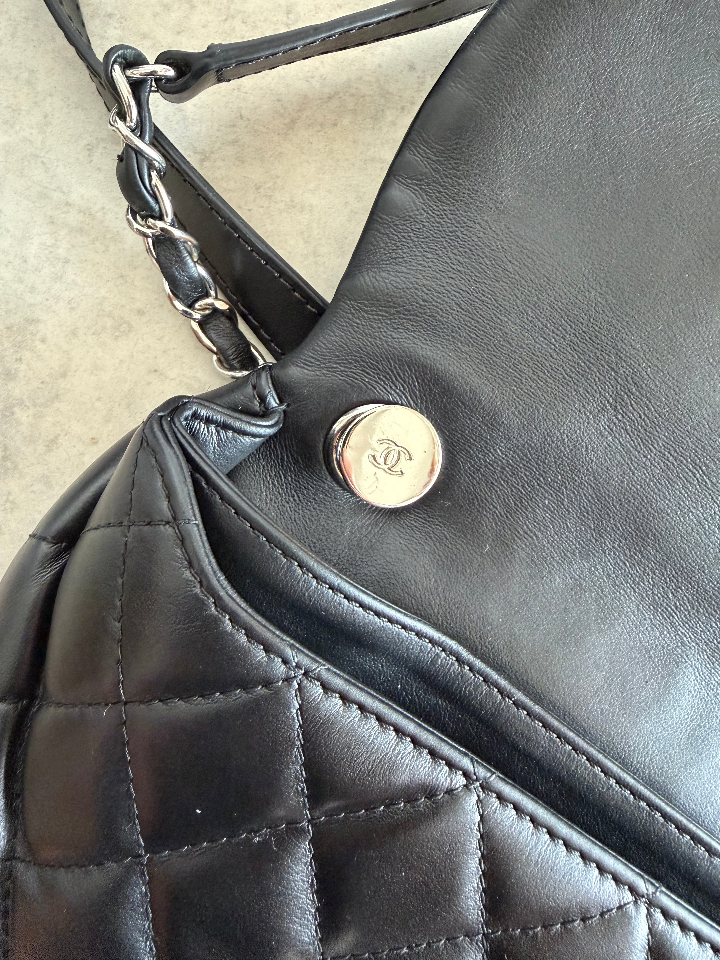 Uniform Quilted Leather Flap Shoulder Bag Black Silver CC