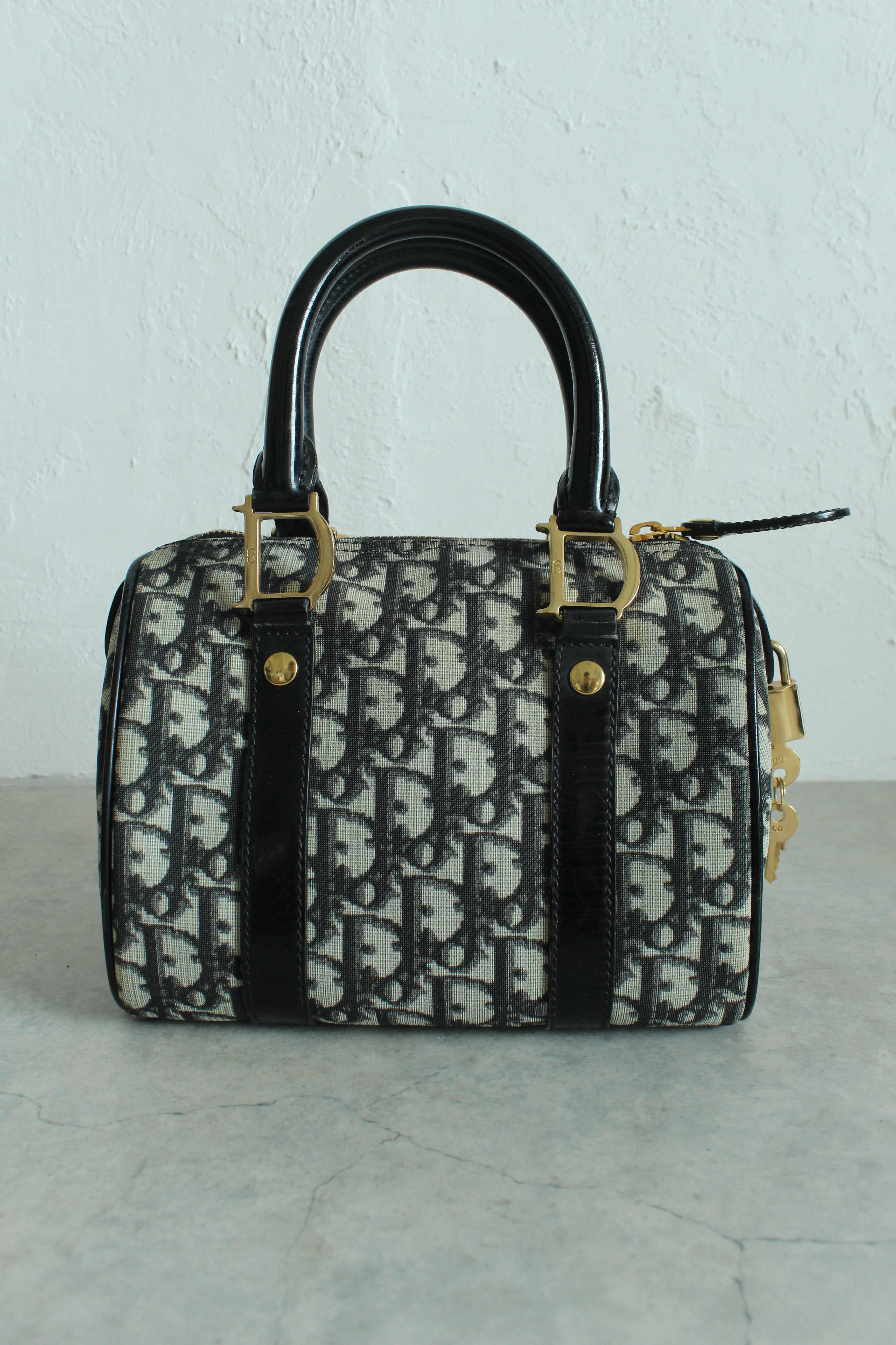 Oblique Canvas Trotter PVC Mini Boston Bag in Navy Blue