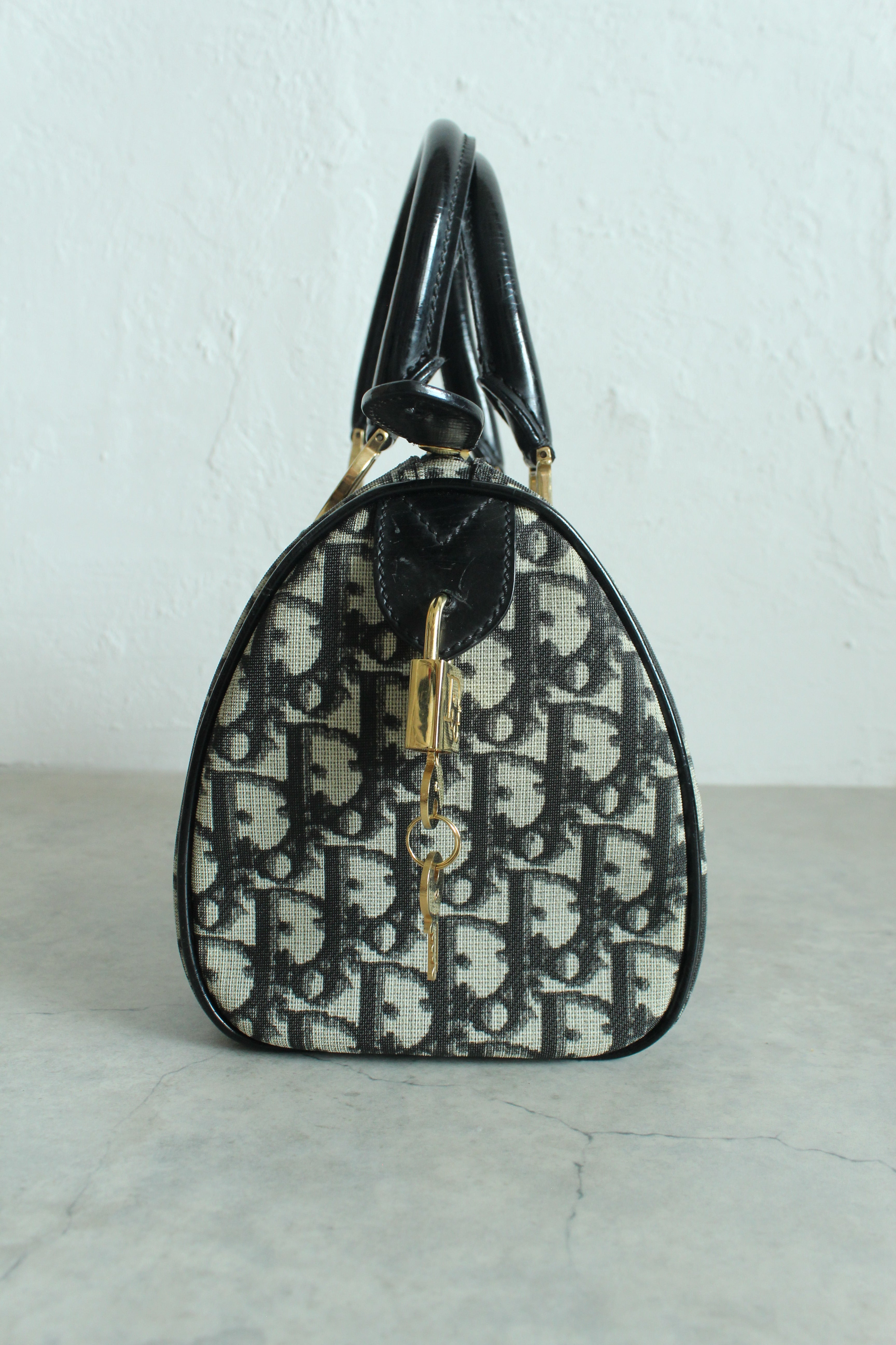 Oblique Canvas Trotter PVC Mini Boston Bag in Navy Blue