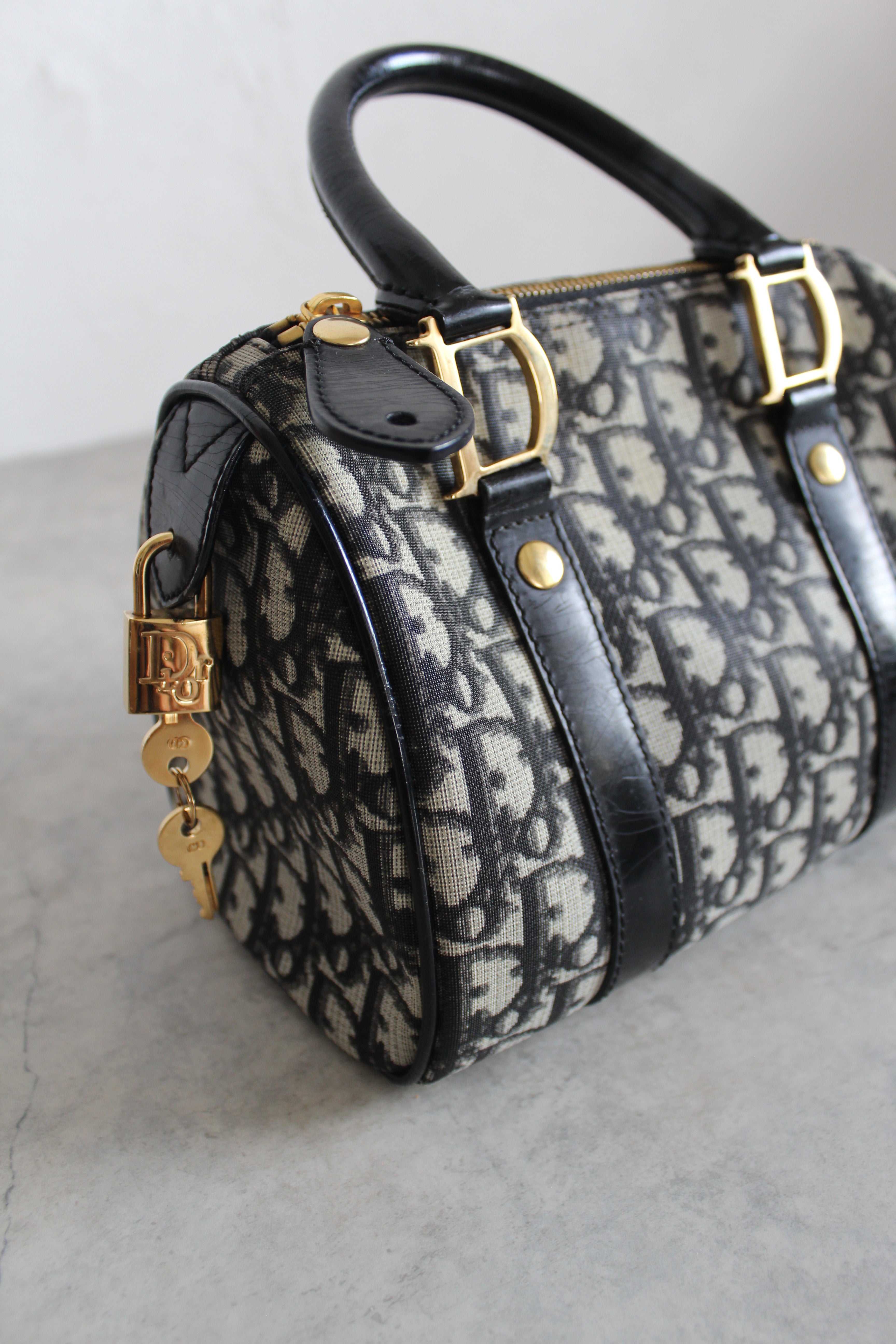 Oblique Canvas Trotter PVC Mini Boston Bag in Navy Blue