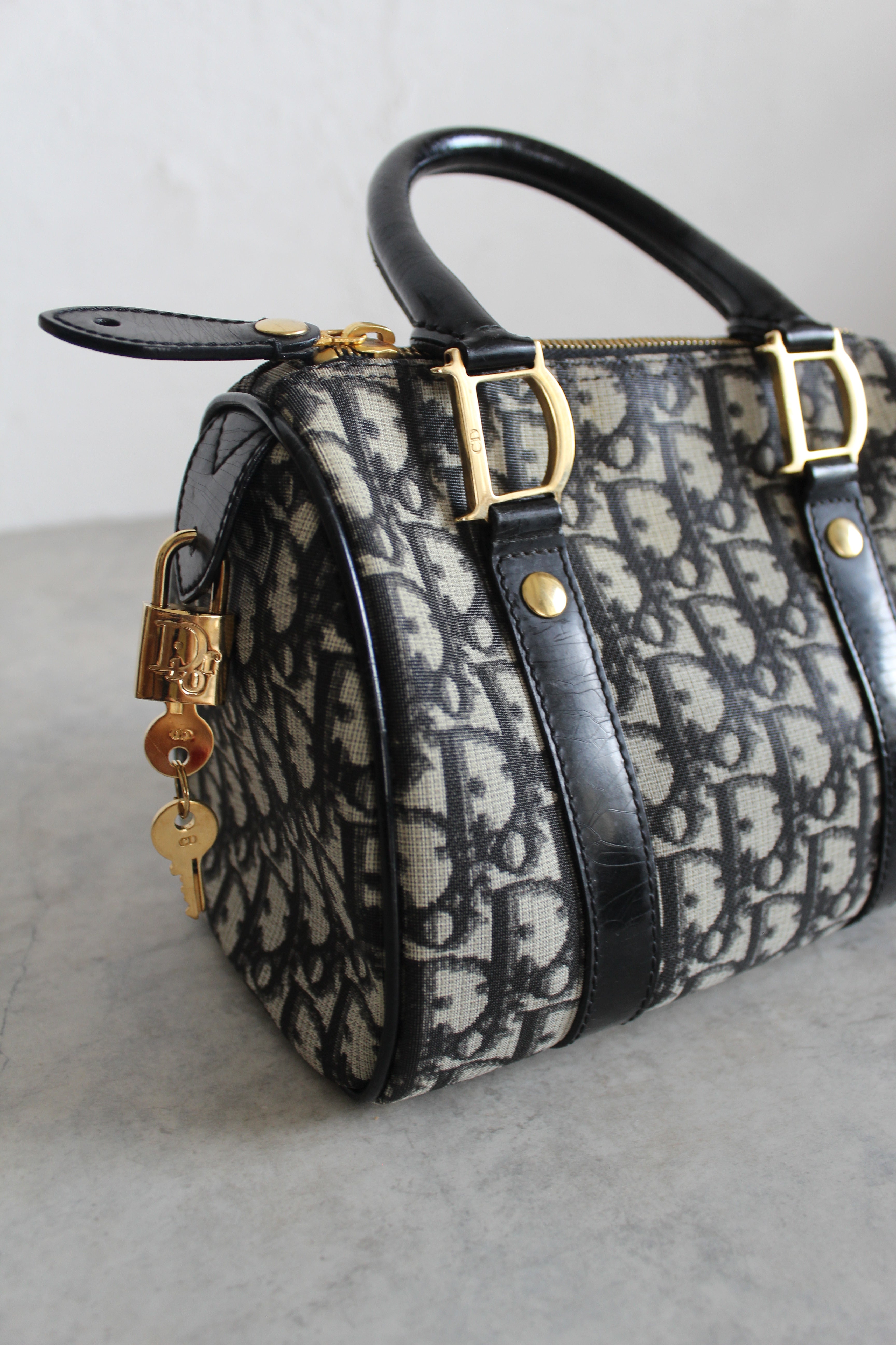 Oblique Canvas Trotter PVC Mini Boston Bag in Navy Blue