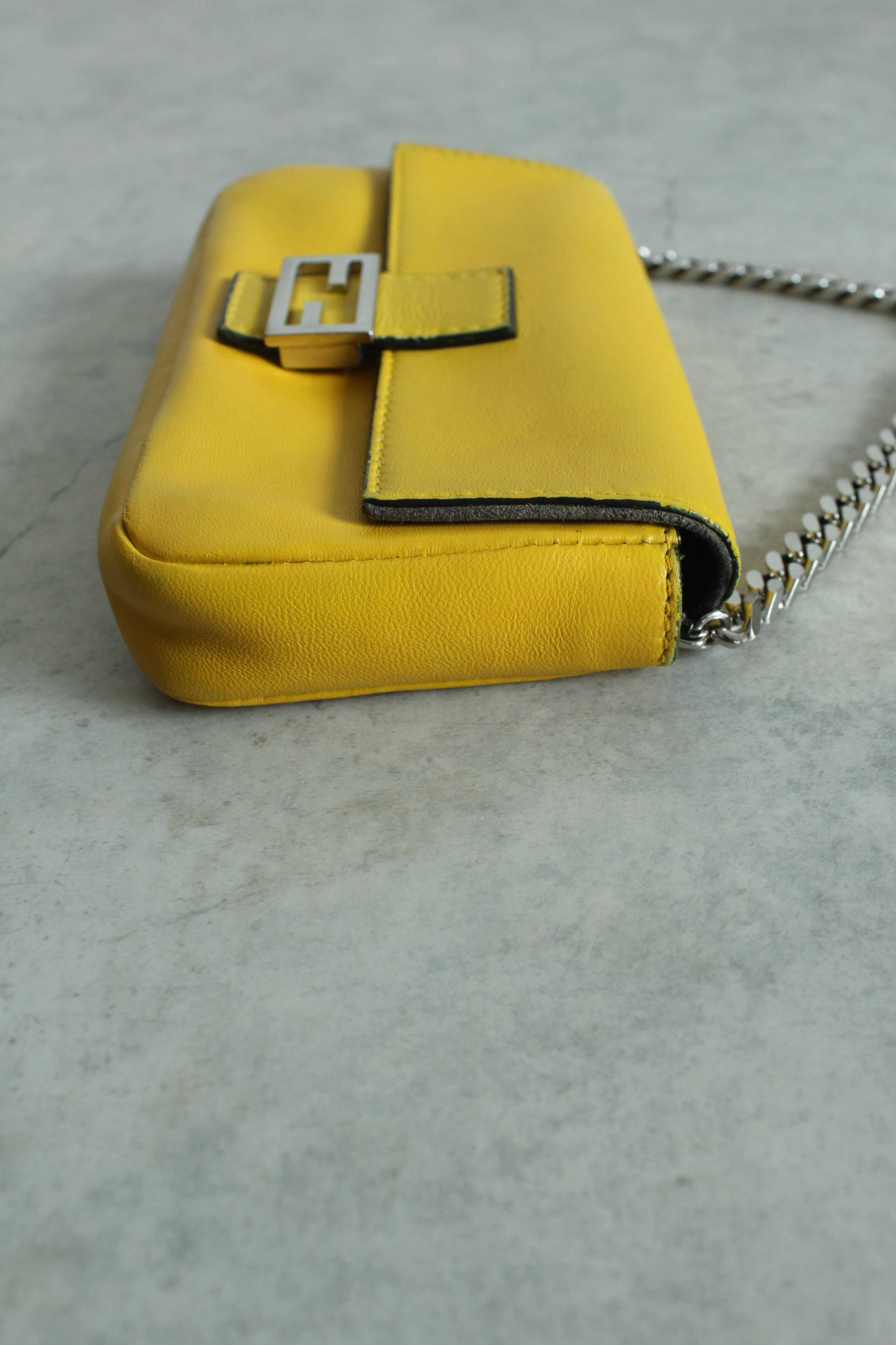 Mini Baguette Bag in Lemon Yellow Leather with Chunky Chain Handle