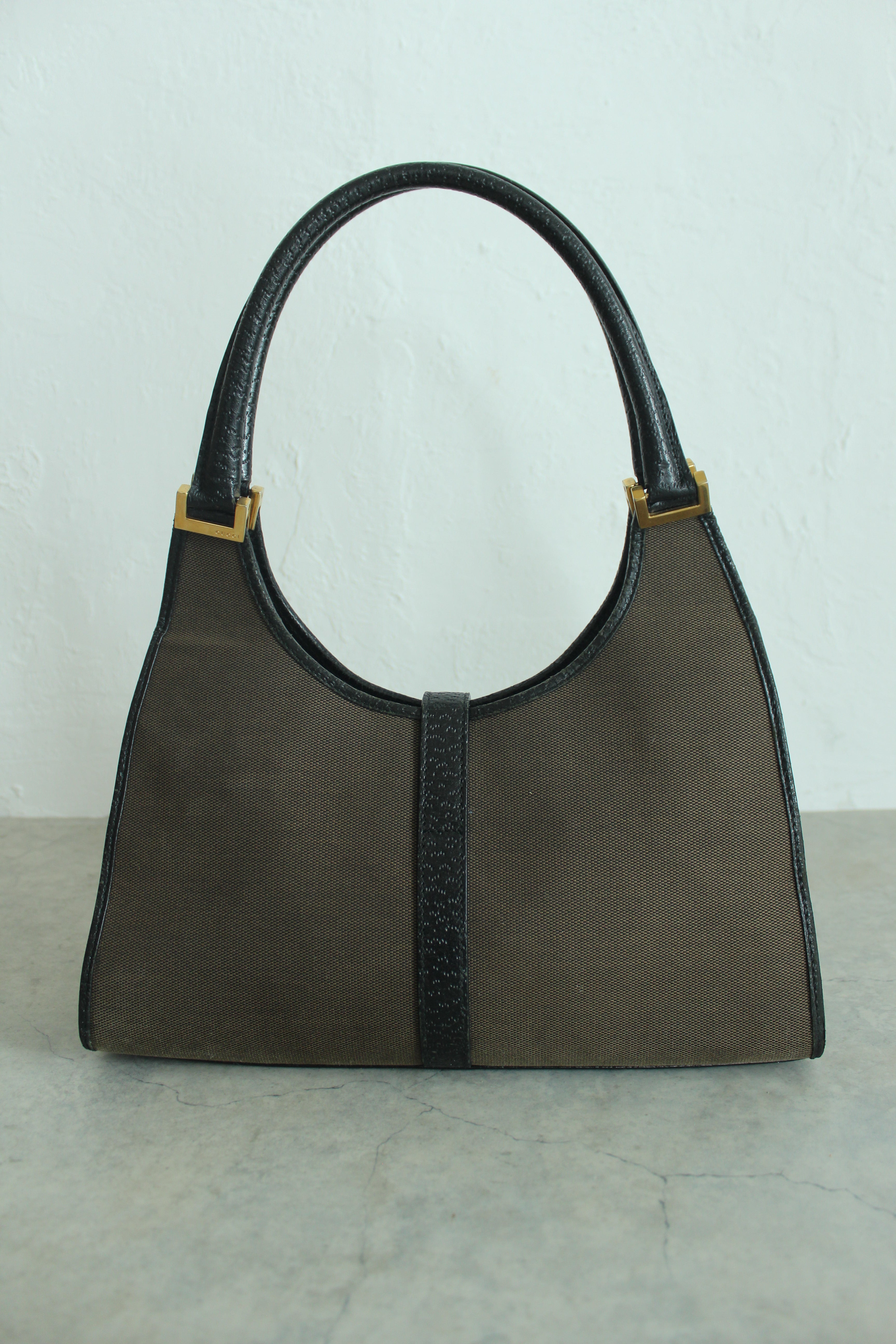 1990s Jackie Hobo Bag Dark Brown Canvas with Black Leather Trim