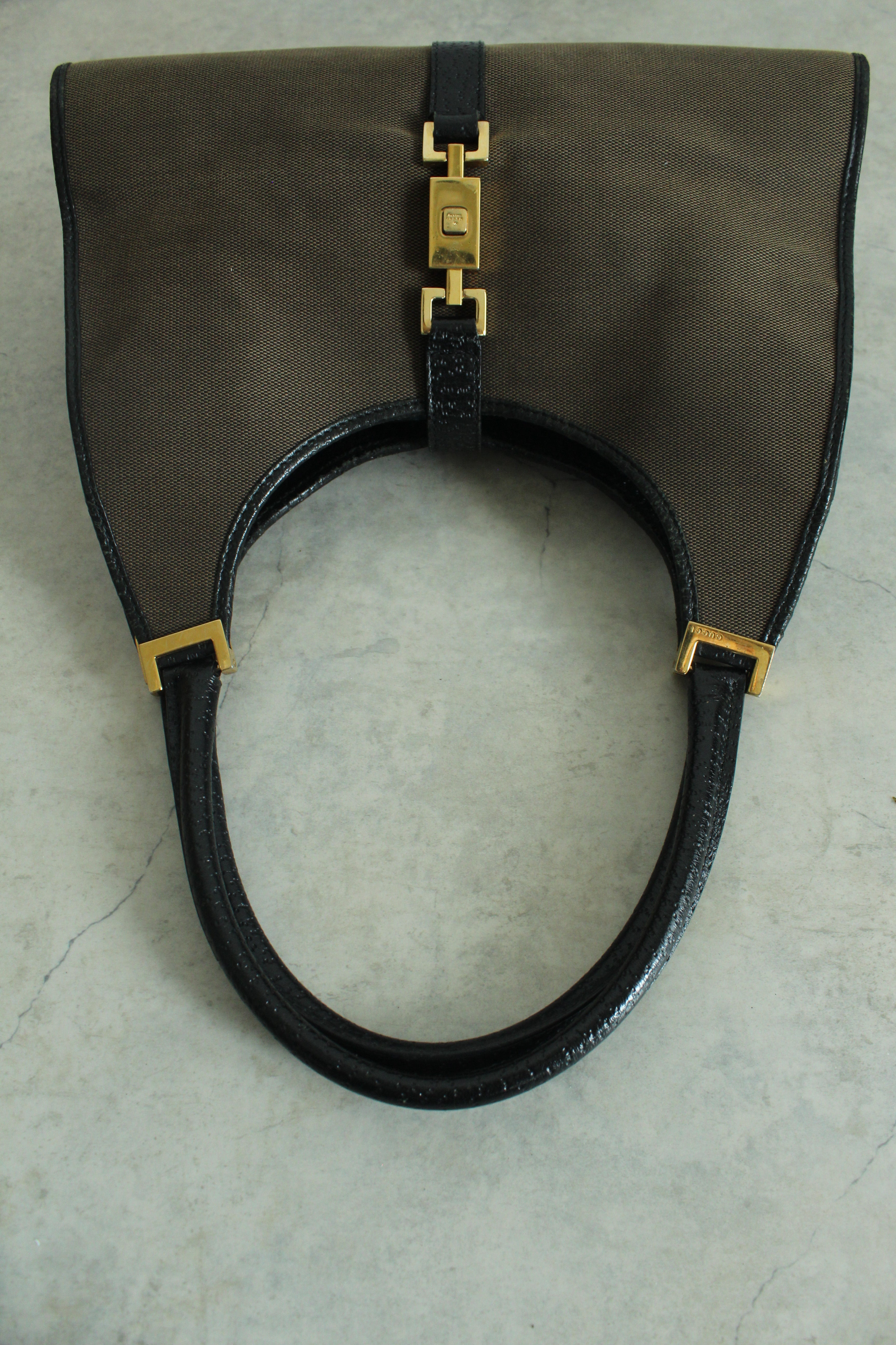 1990s Jackie Hobo Bag Dark Brown Canvas with Black Leather Trim
