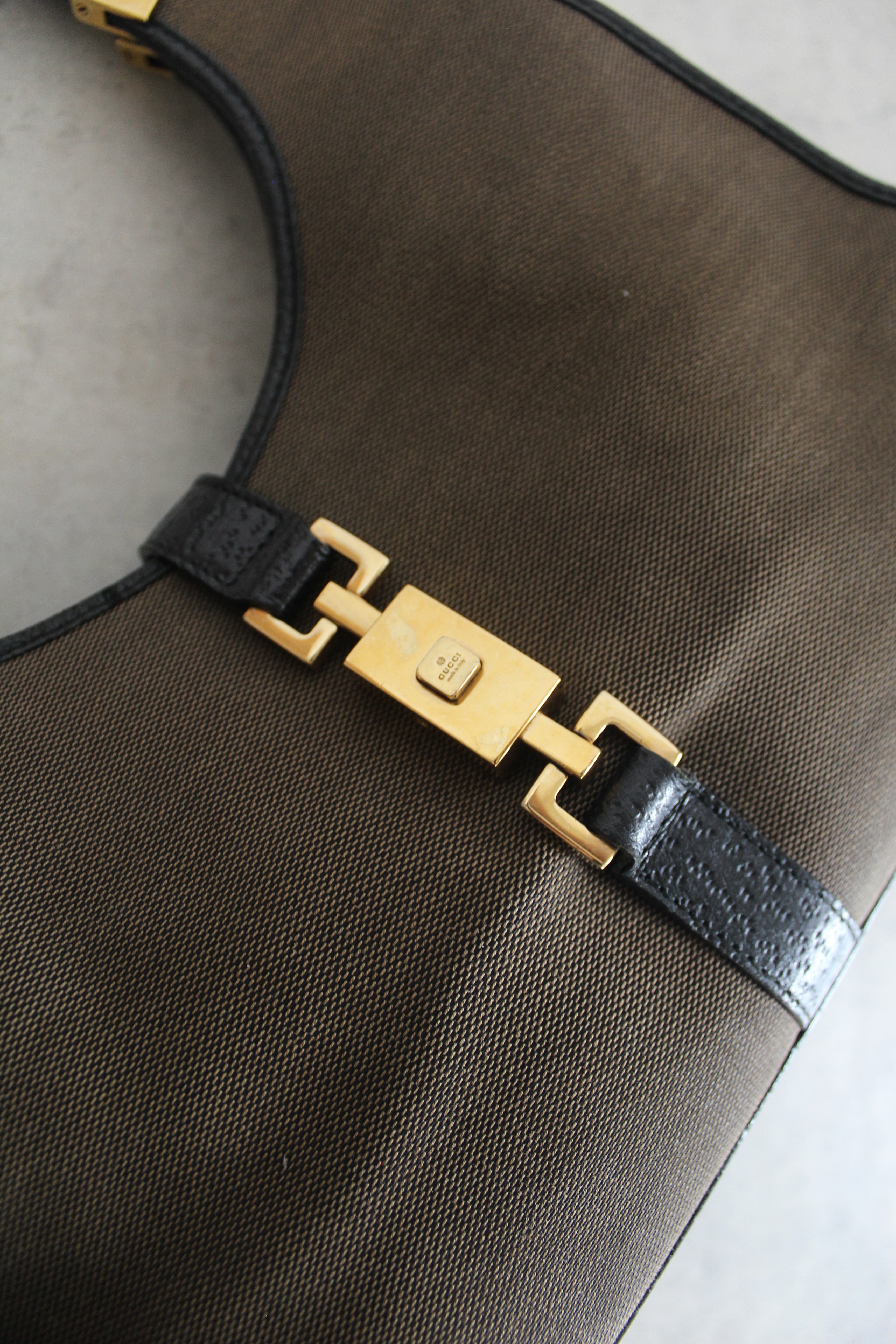 1990s Jackie Hobo Bag Dark Brown Canvas with Black Leather Trim