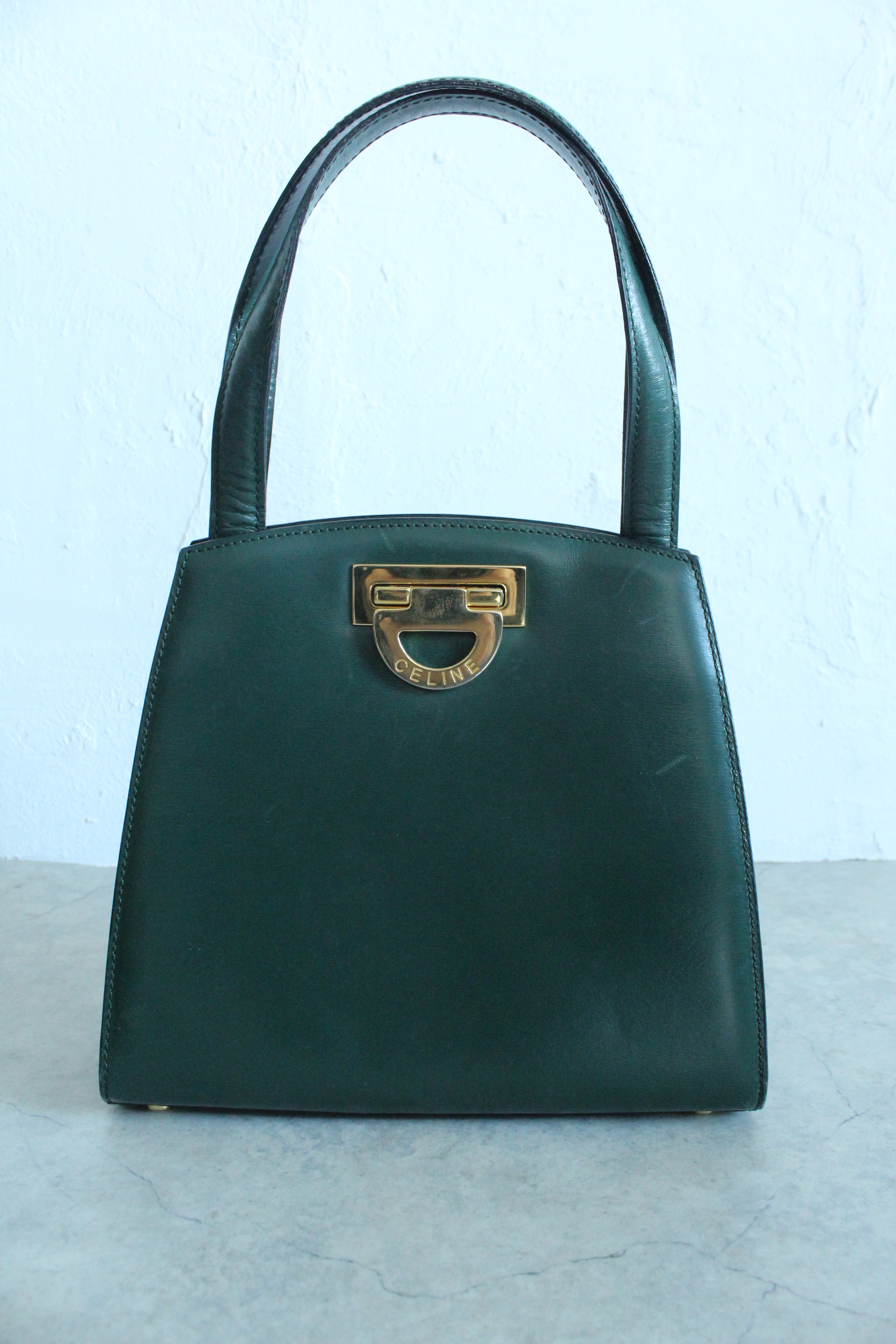 Old Celine Box Calfskin Top handle bag in Emerald Green