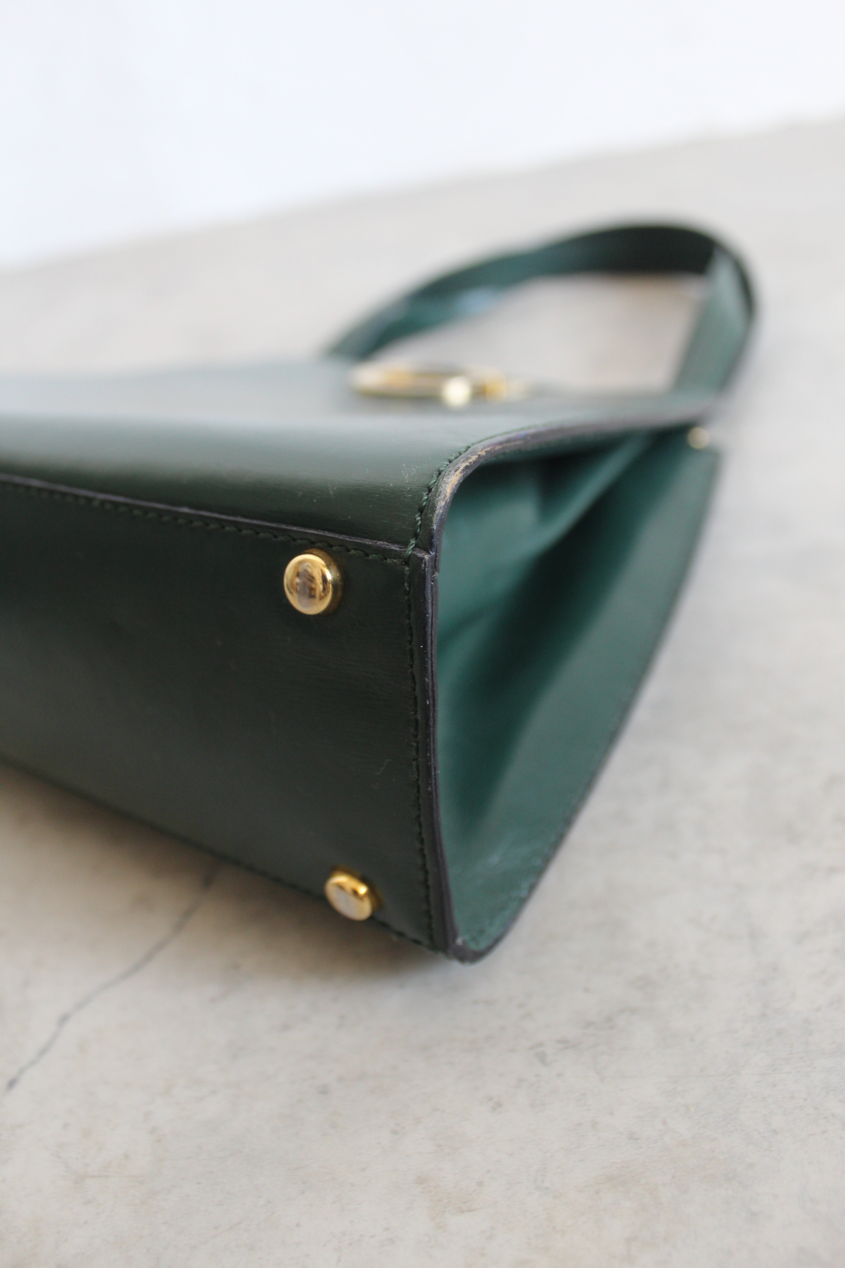 Old Celine Box Calfskin Top handle bag in Emerald Green