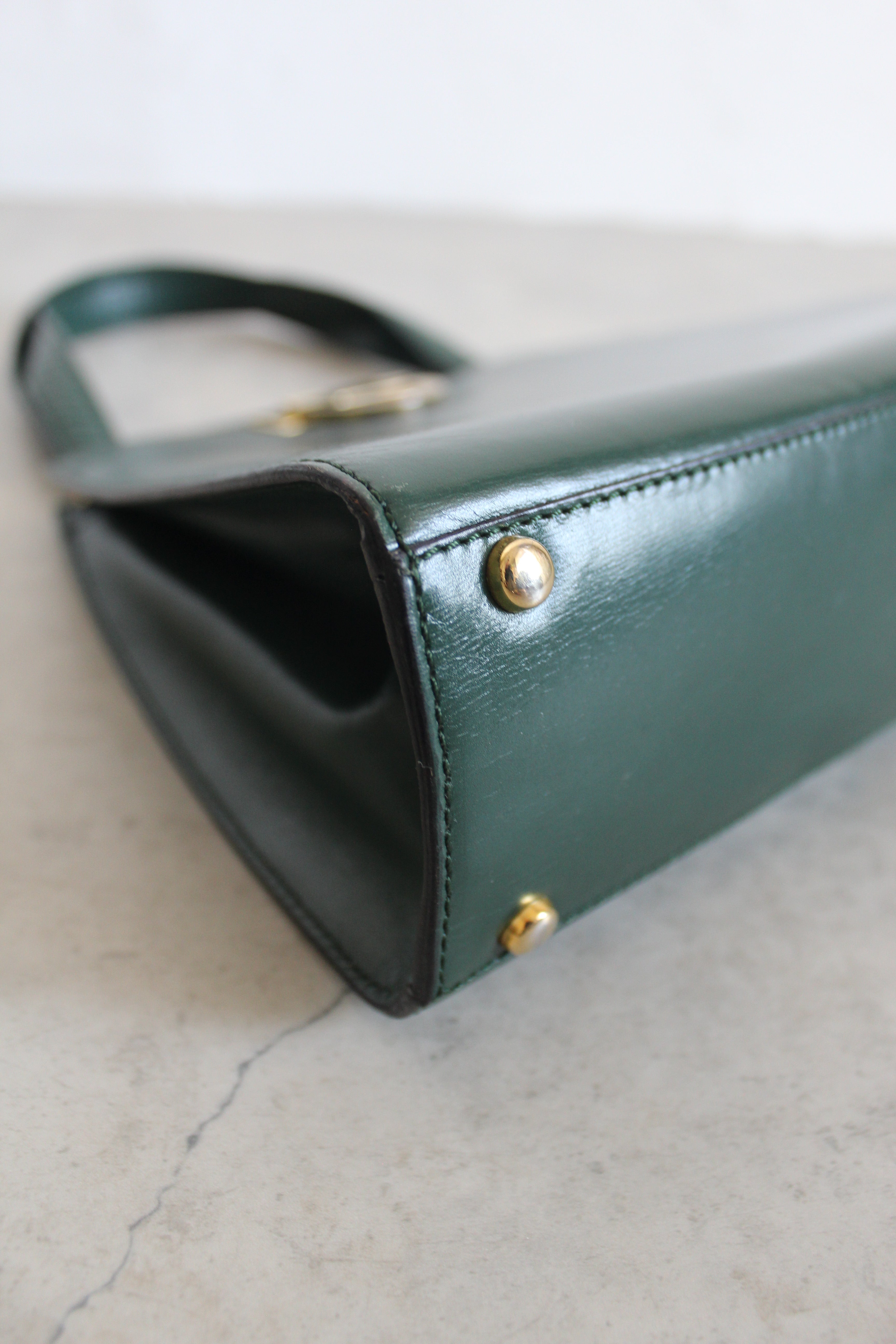 Old Celine Box Calfskin Top handle bag in Emerald Green