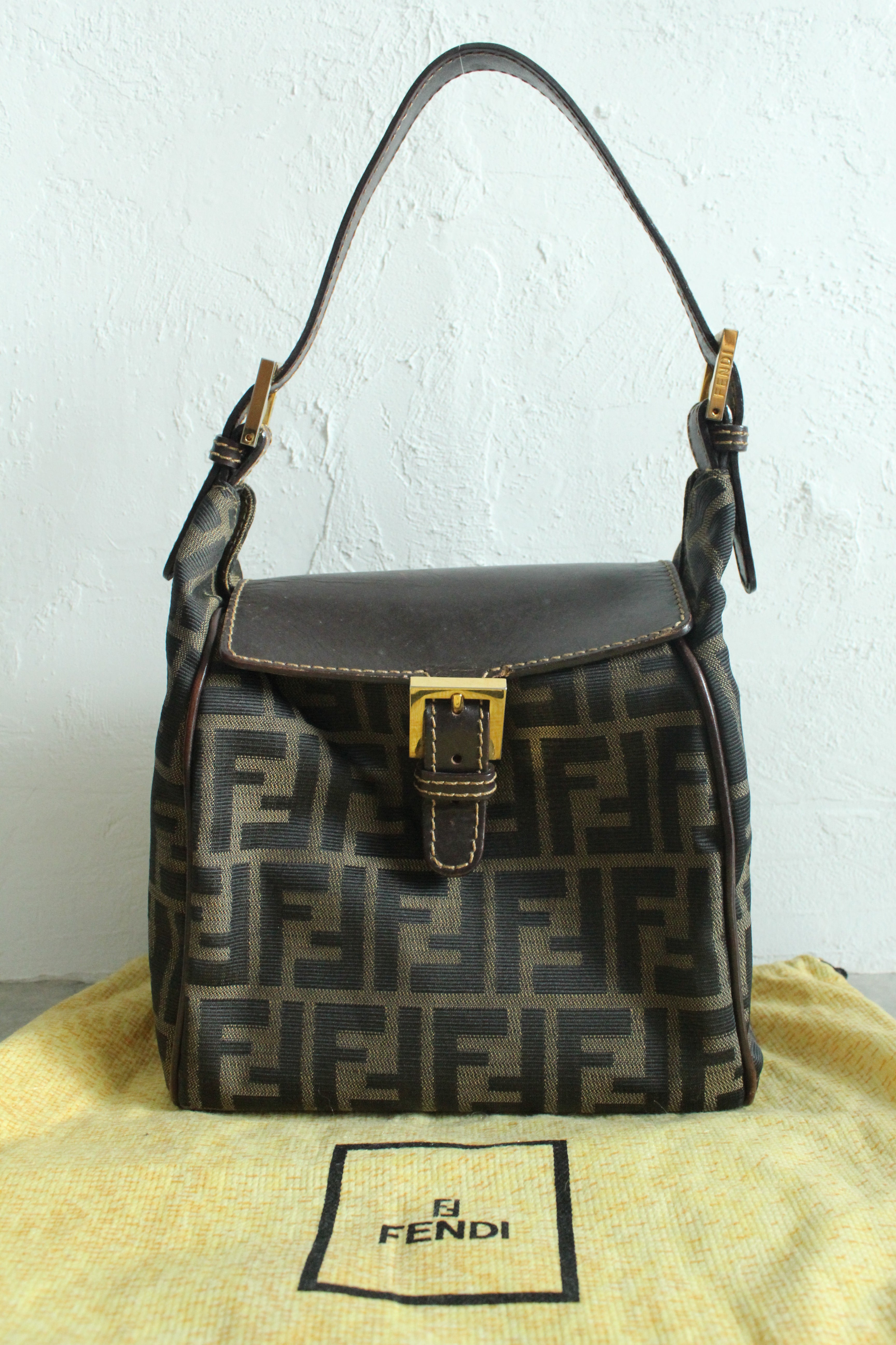 Zucca Canvas Shoulder Bag in Monogram and Gold-hardware