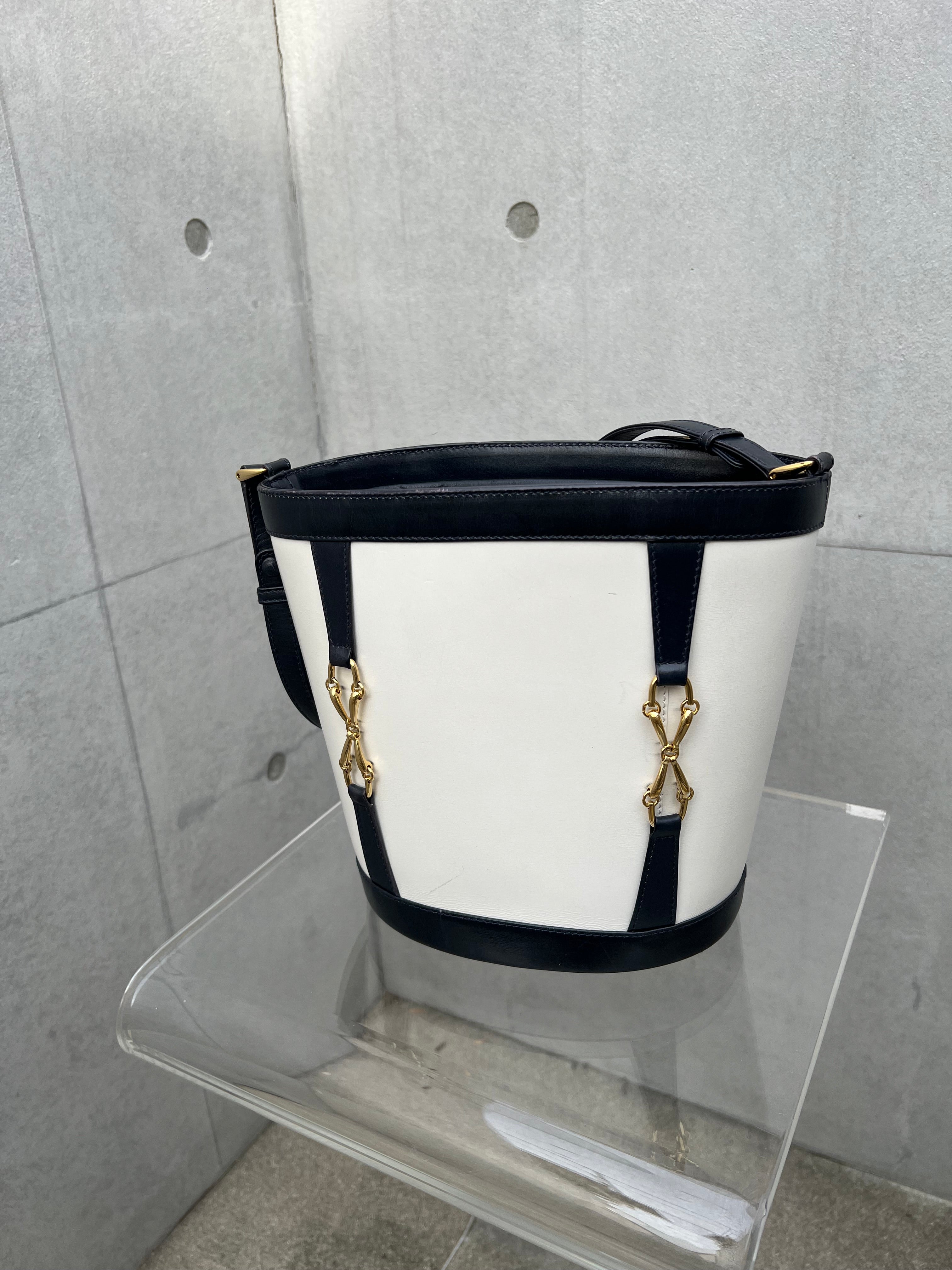Horsebit Bucket Bag in Black and White