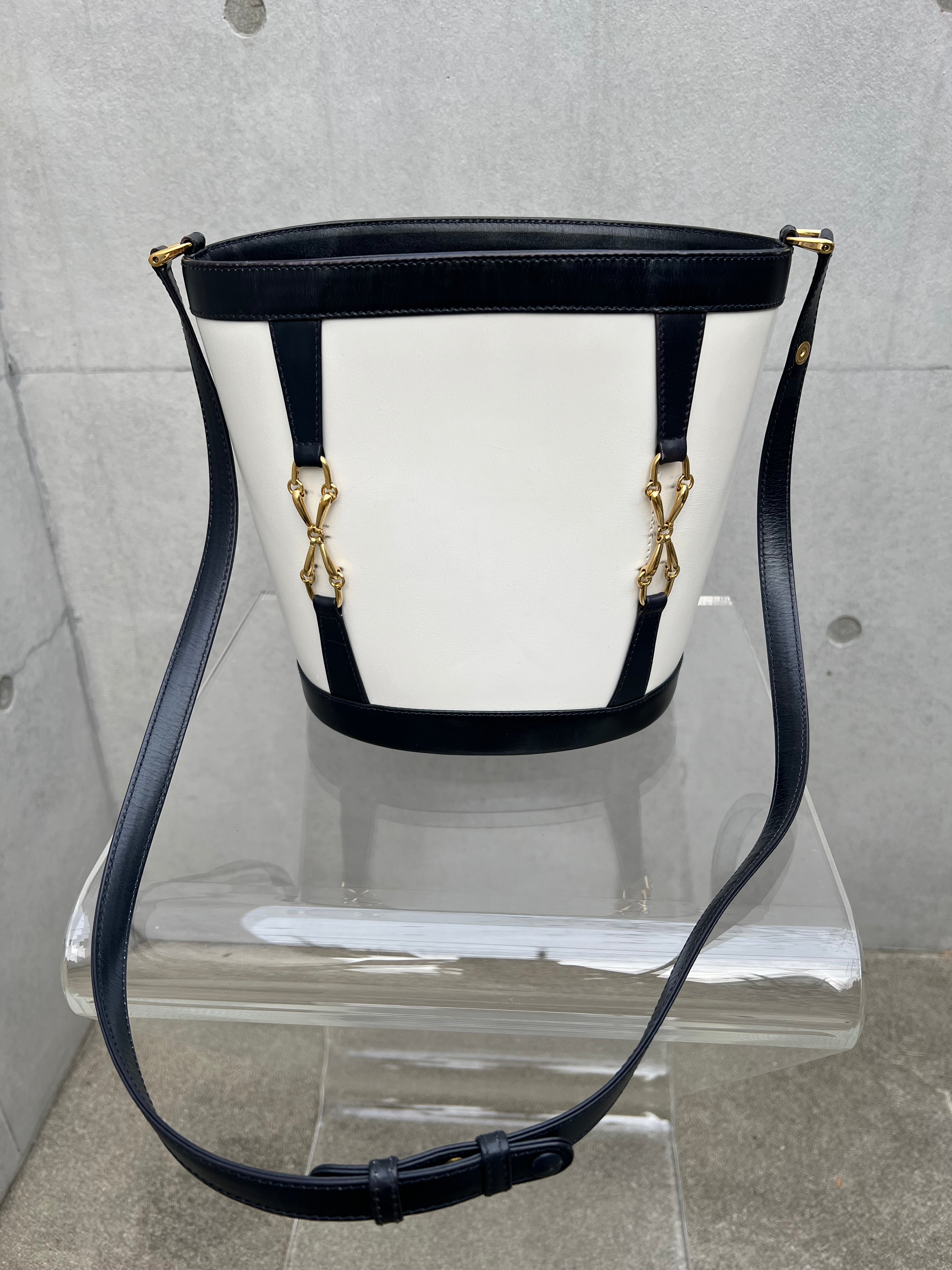 Horsebit Bucket Bag in Black and White