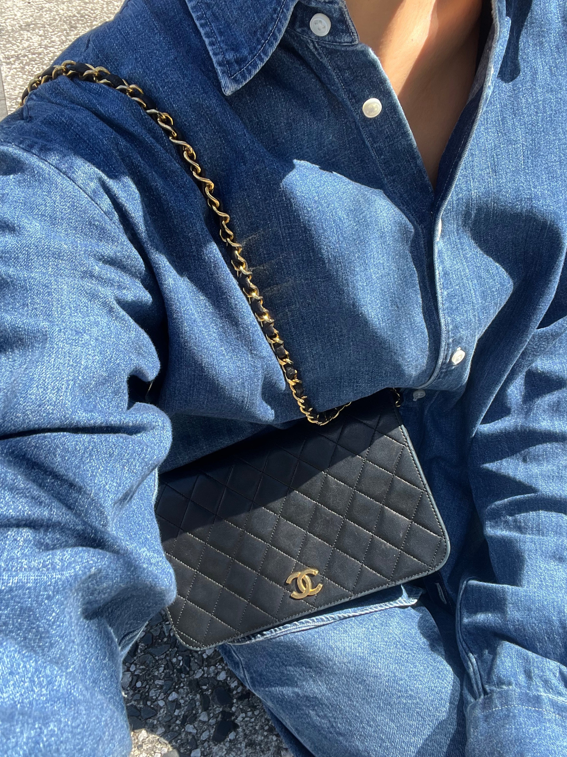 1980's Single Full Flap Chain Shoulder Bag Lambskin in Black