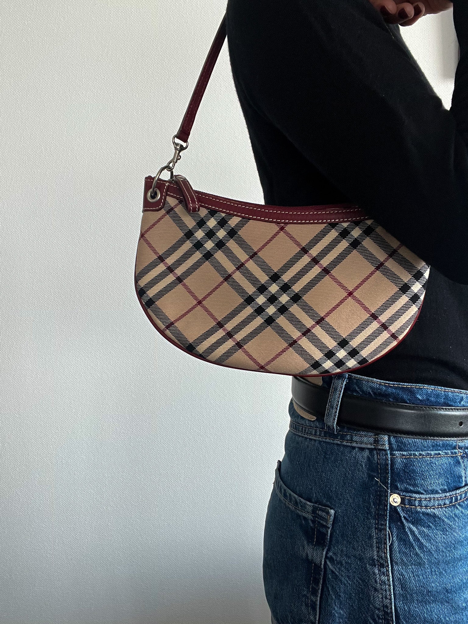 Nova Check Crescent-Shaped Accessory Pouch in Burgundy