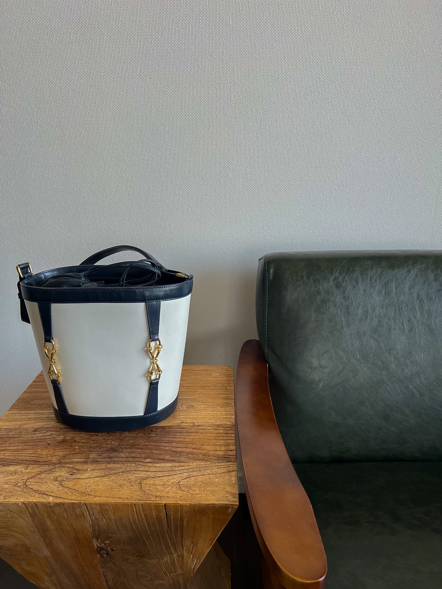 Horsebit Bucket Bag in Black and White