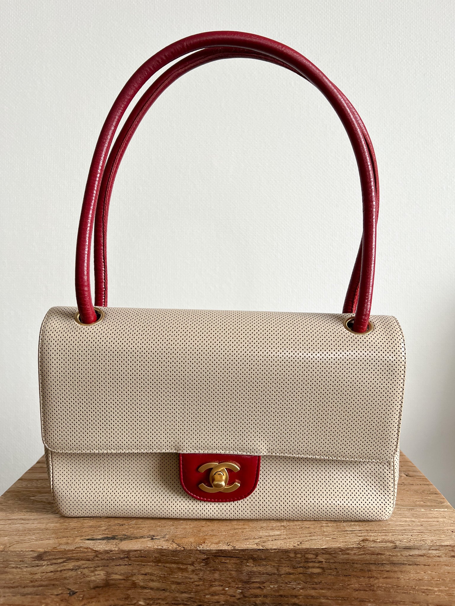 Leather Punching Bicolor Shoulder Bag in Red and Beige