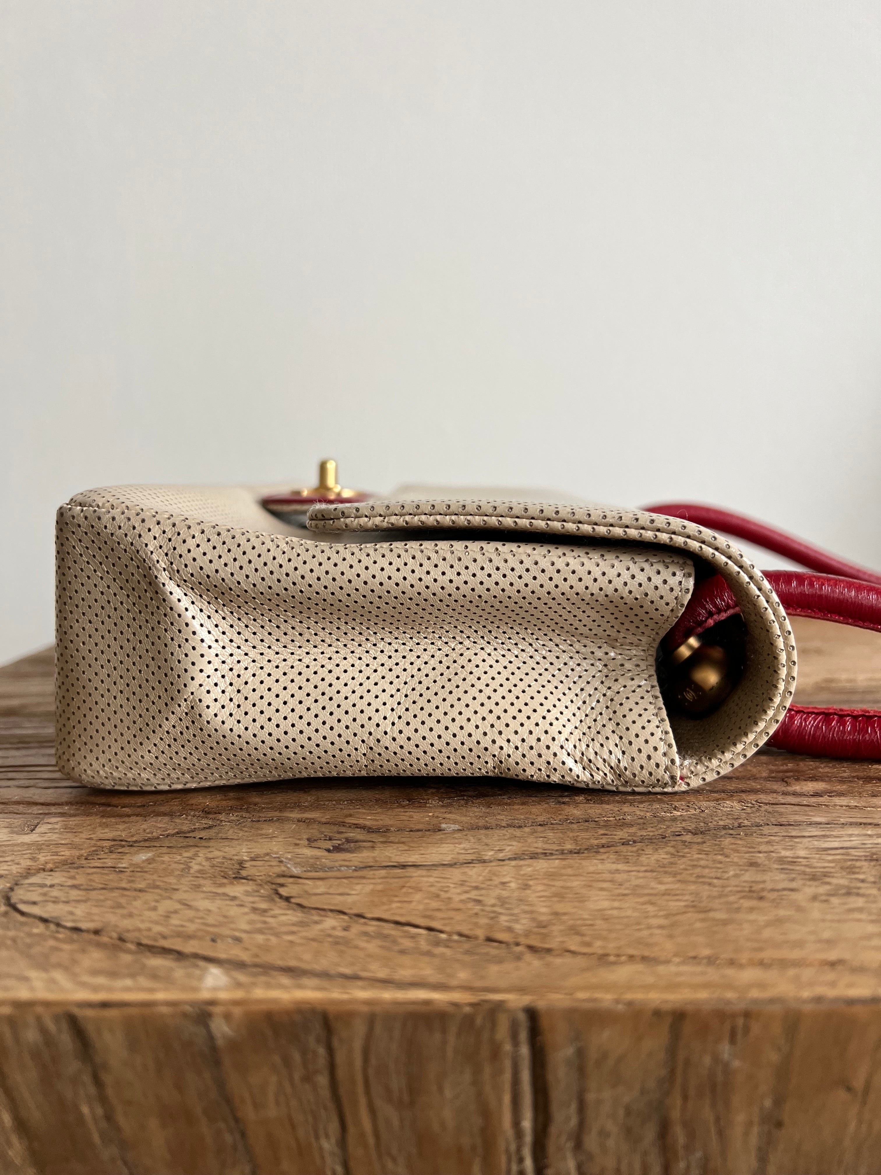 Leather Punching Bicolor Shoulder Bag in Red and Beige