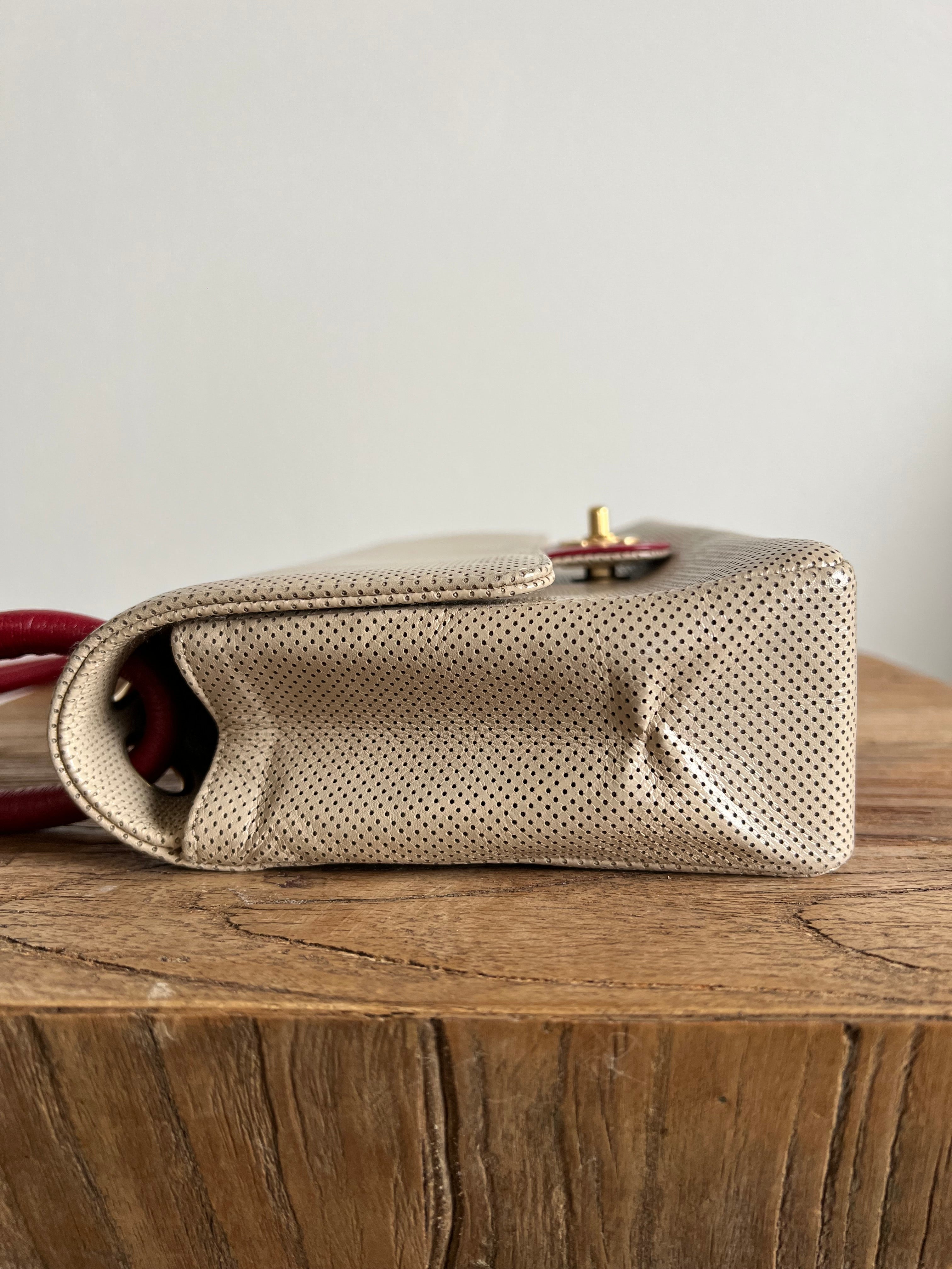 Leather Punching Bicolor Shoulder Bag in Red and Beige