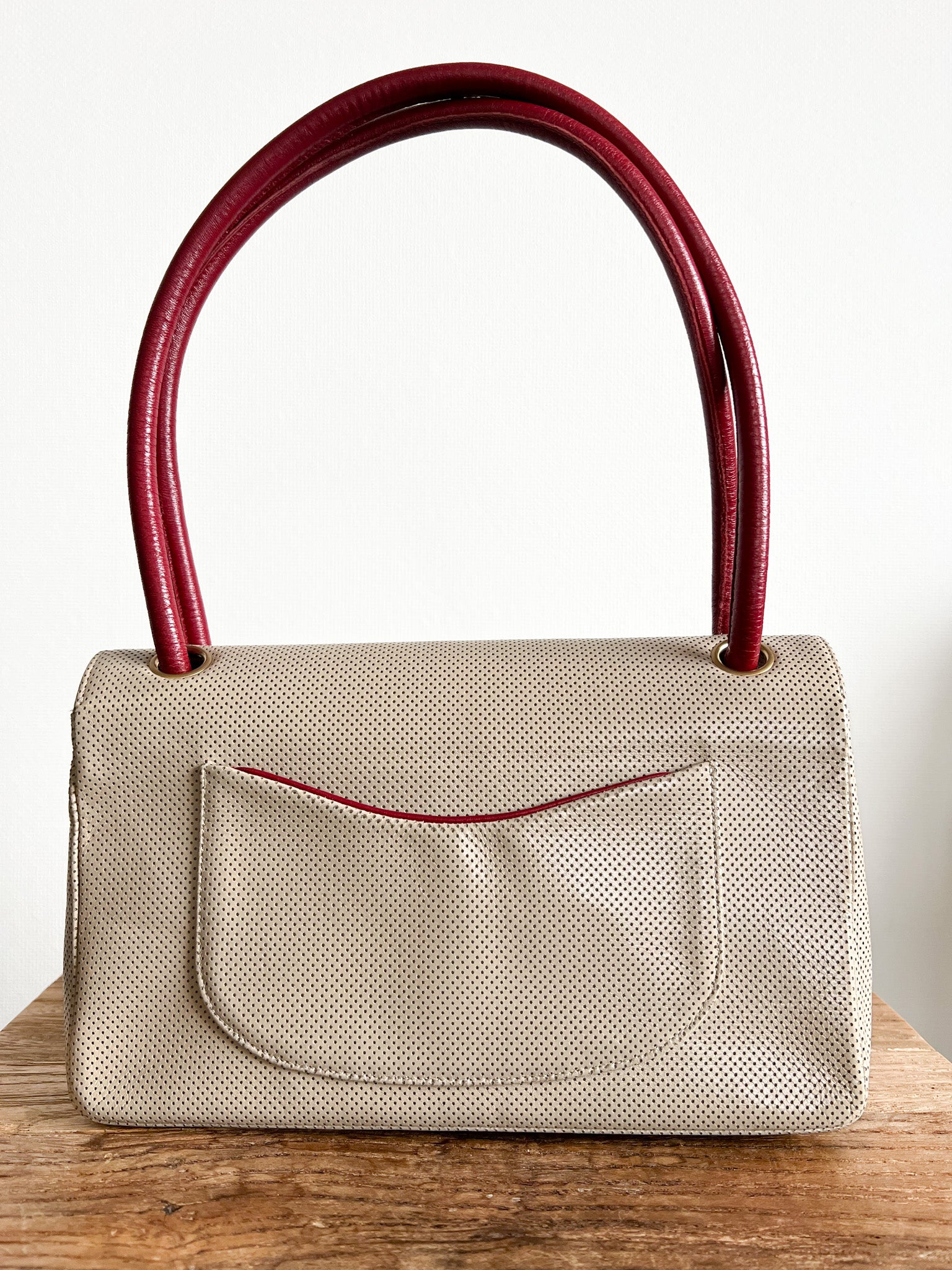 Leather Punching Bicolor Shoulder Bag in Red and Beige