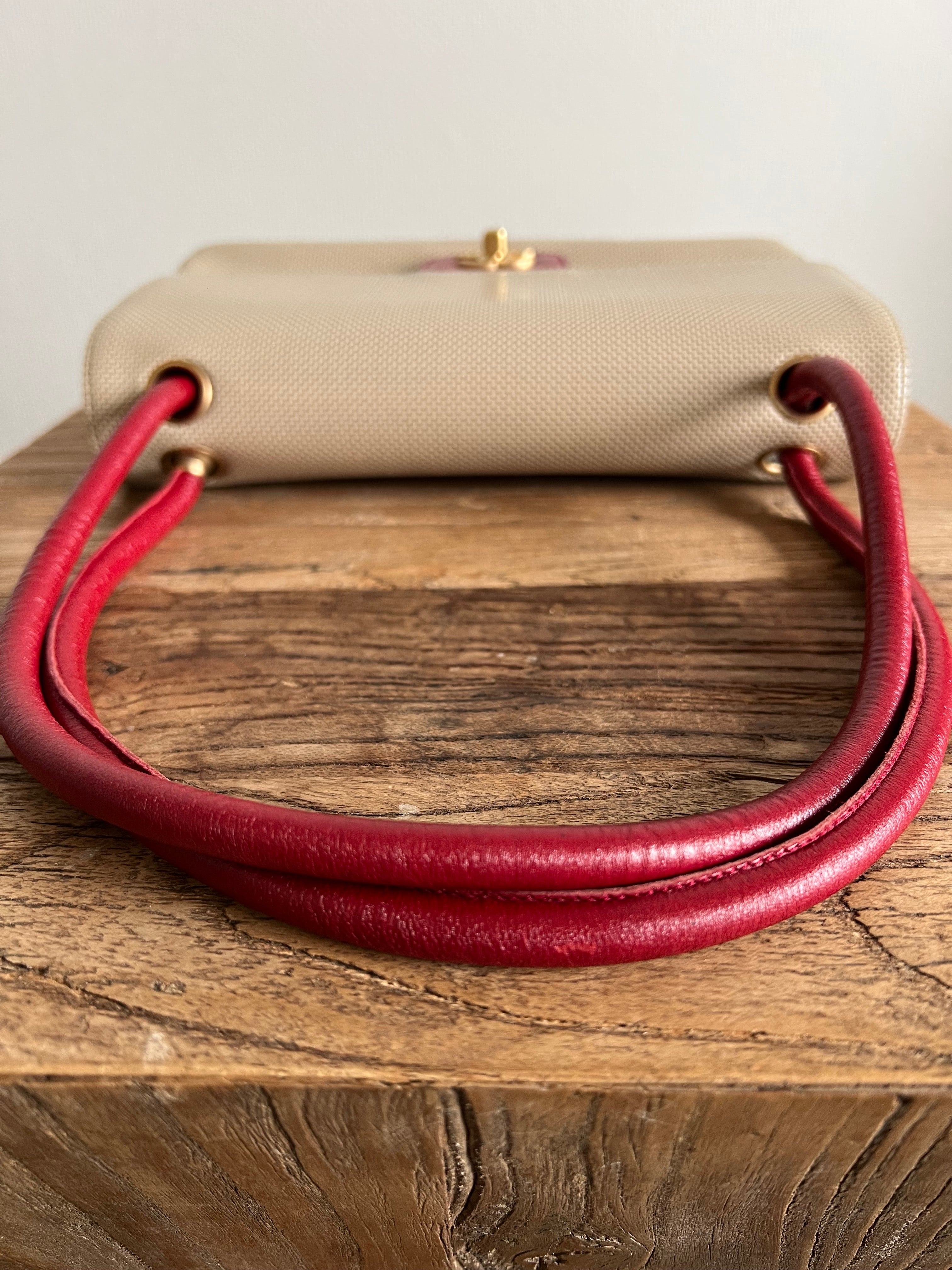 Leather Punching Bicolor Shoulder Bag in Red and Beige