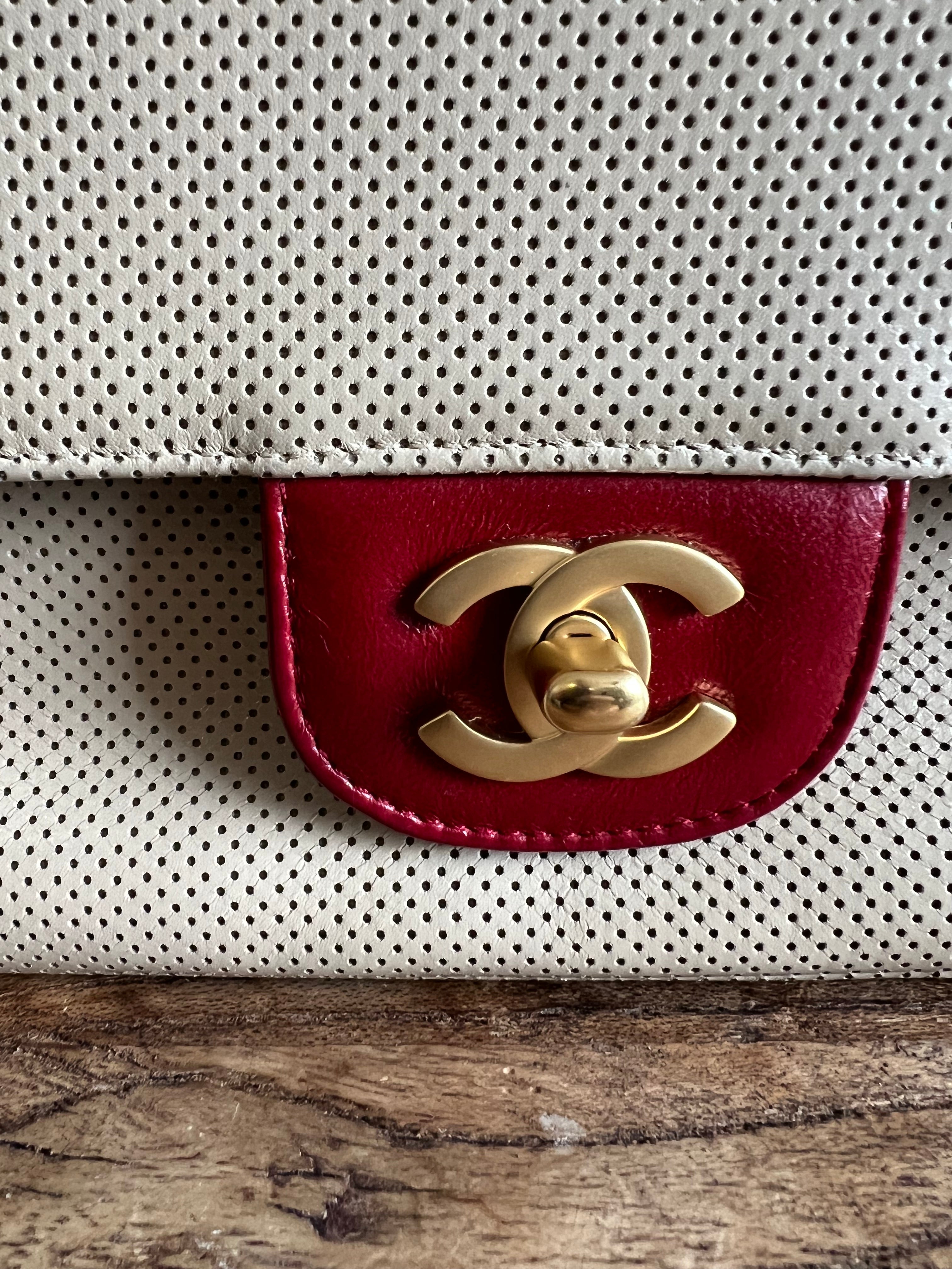 Leather Punching Bicolor Shoulder Bag in Red and Beige