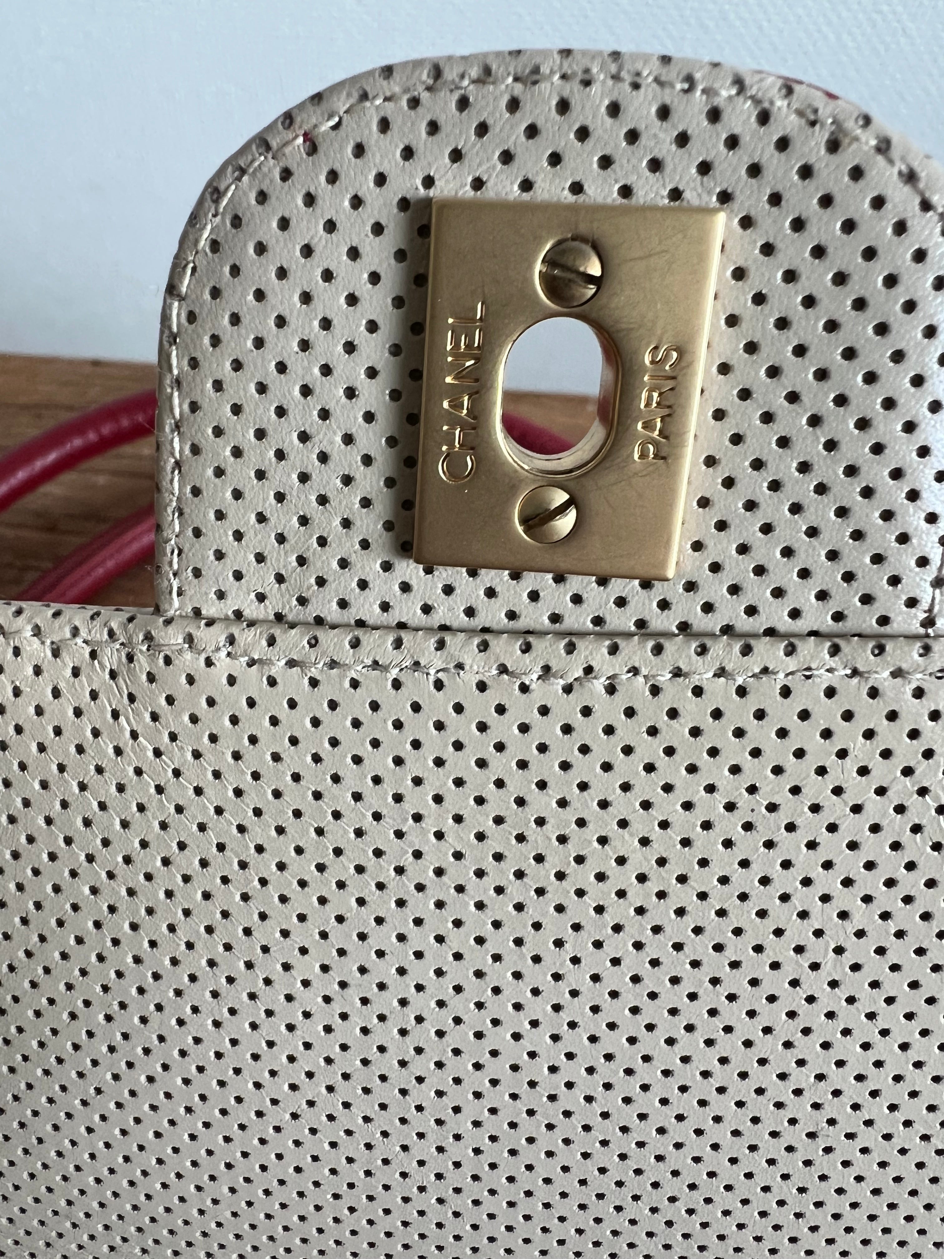 Leather Punching Bicolor Shoulder Bag in Red and Beige