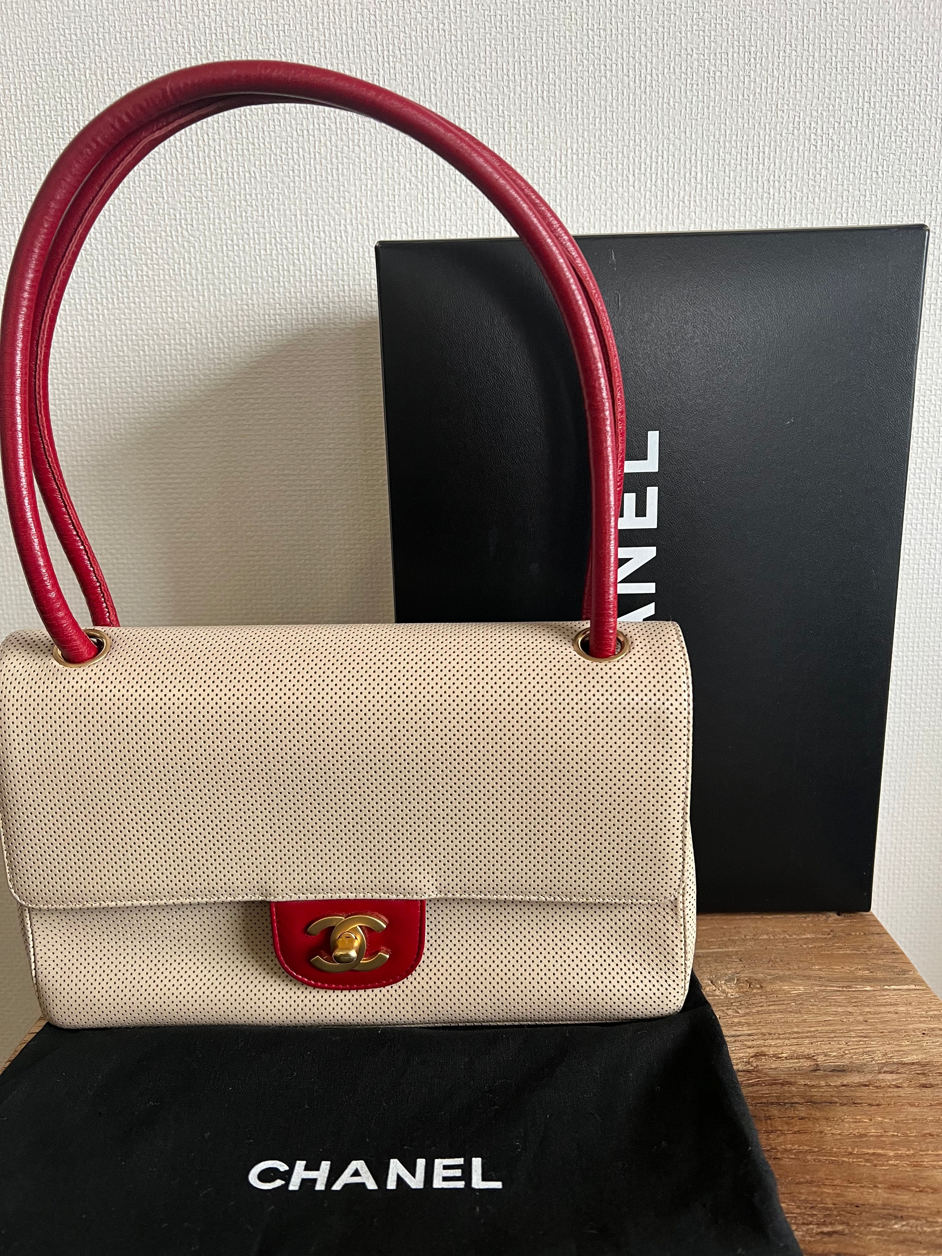 Leather Punching Bicolor Shoulder Bag in Red and Beige