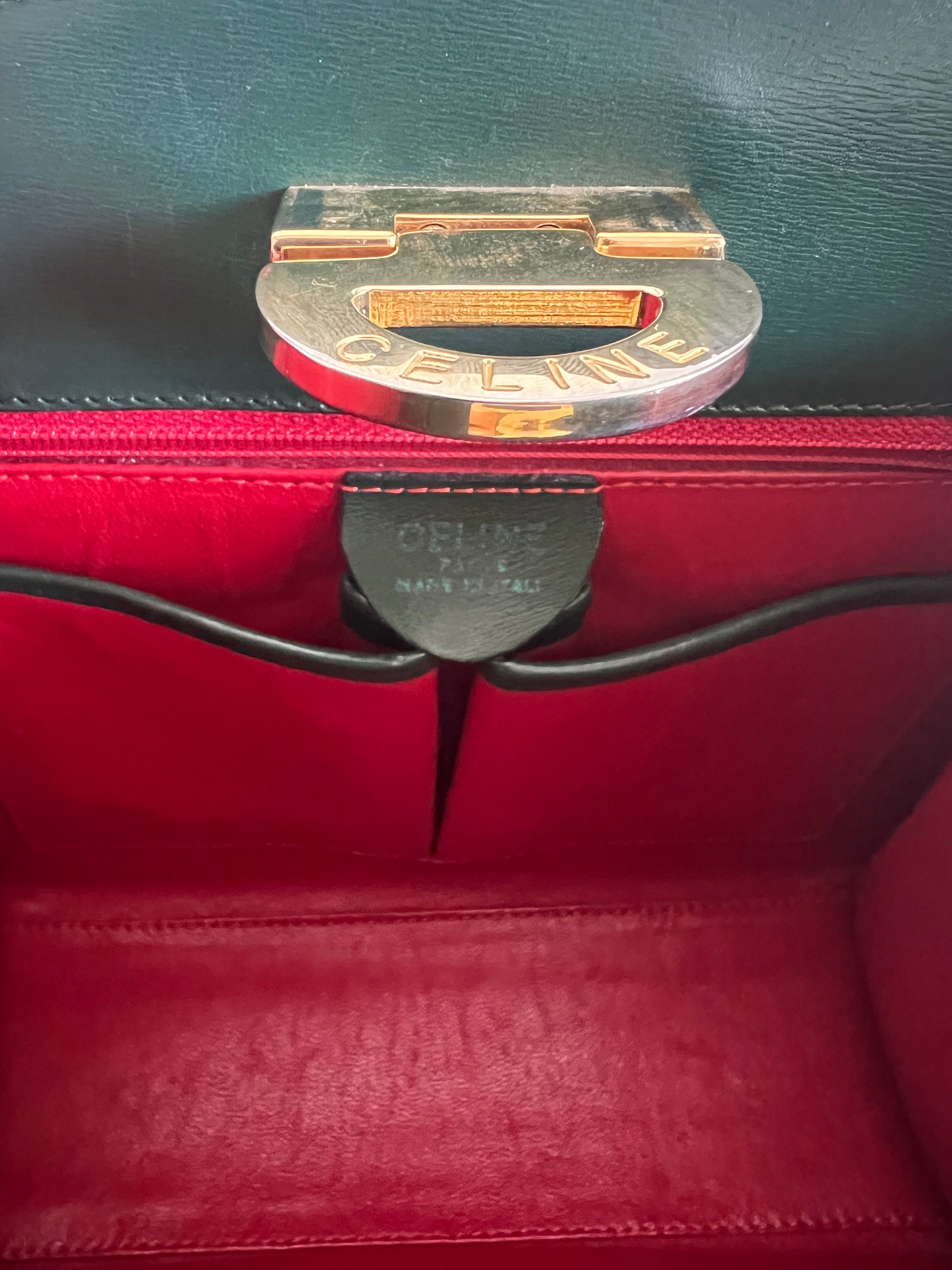 Old Celine Box Calfskin Top handle bag in Emerald Green