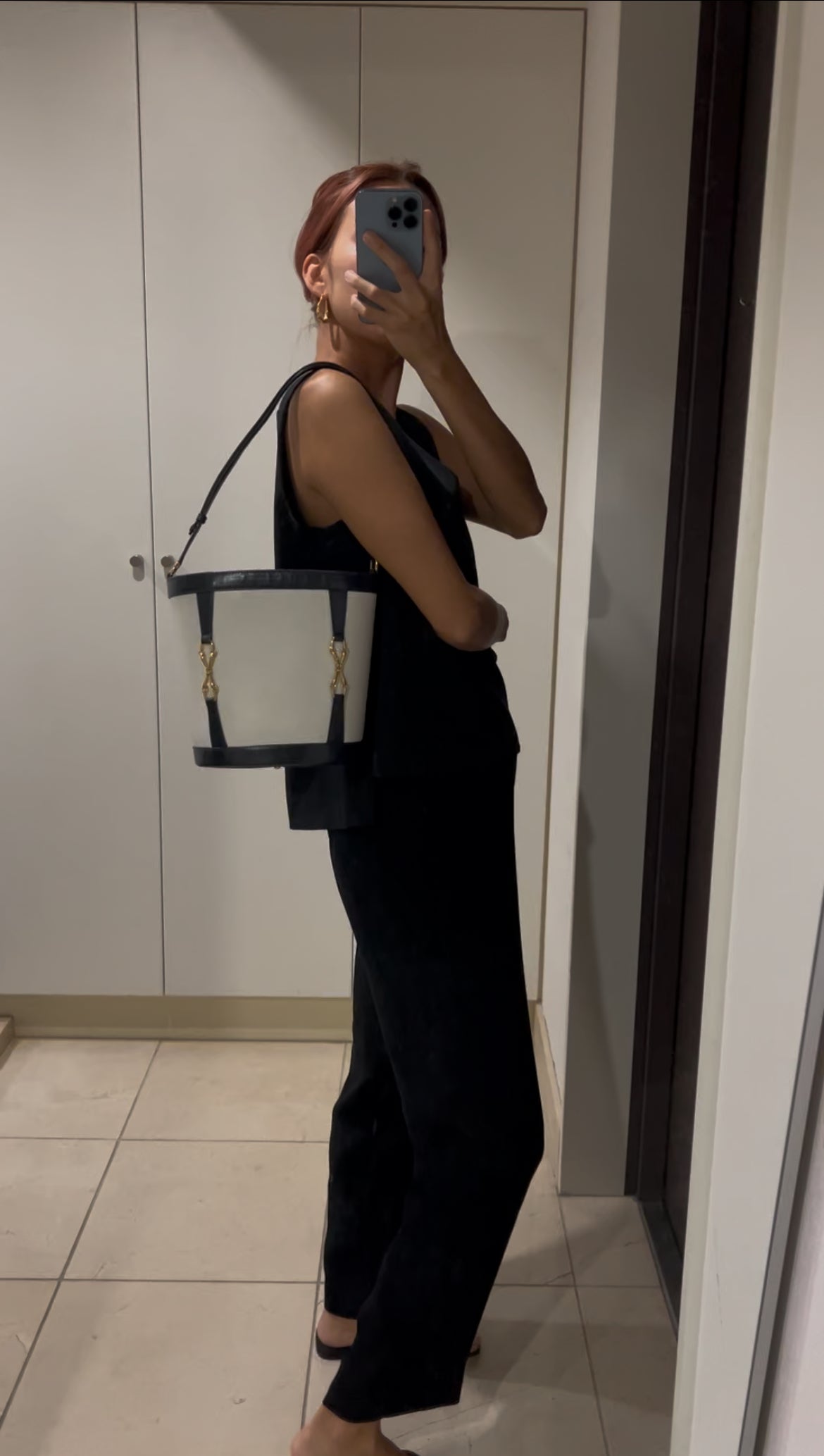 Horsebit Bucket Bag in Black and White