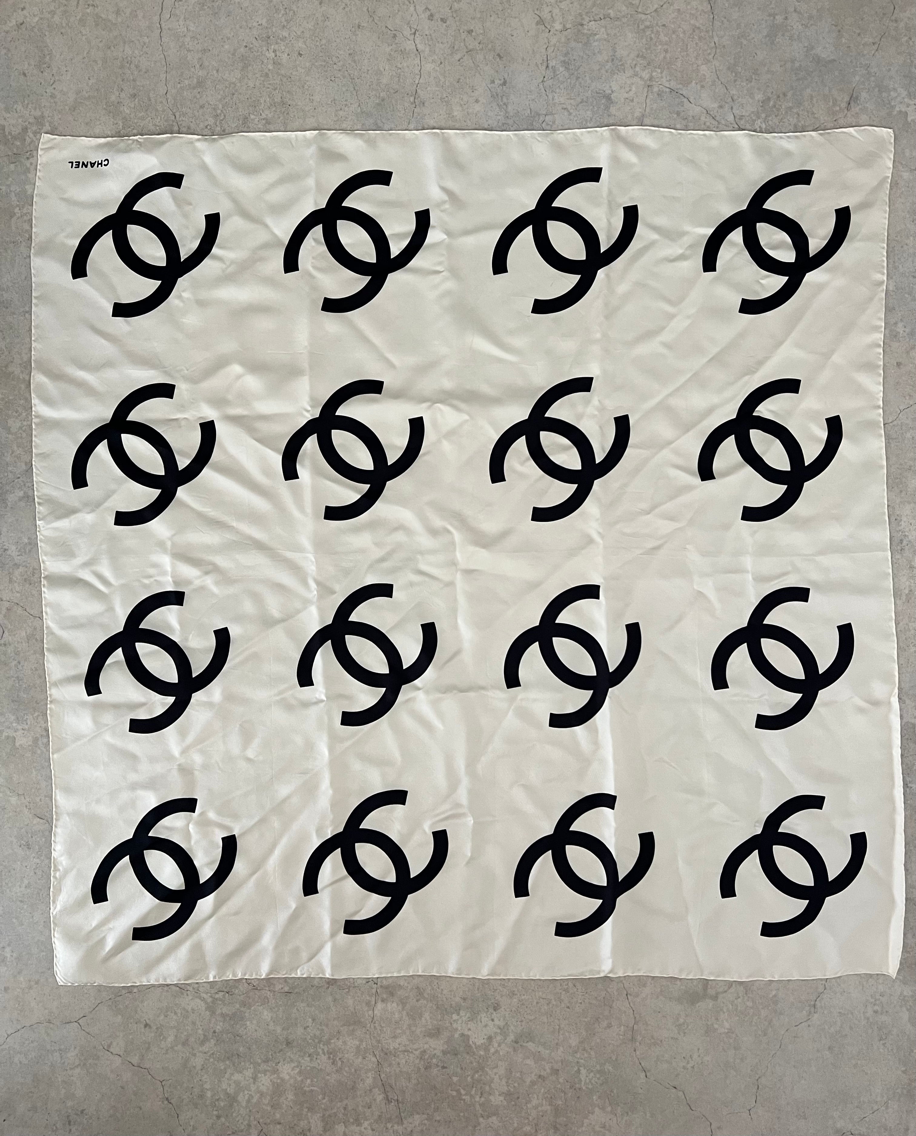 Chanel CC Logo Silk Scarf — White × Black