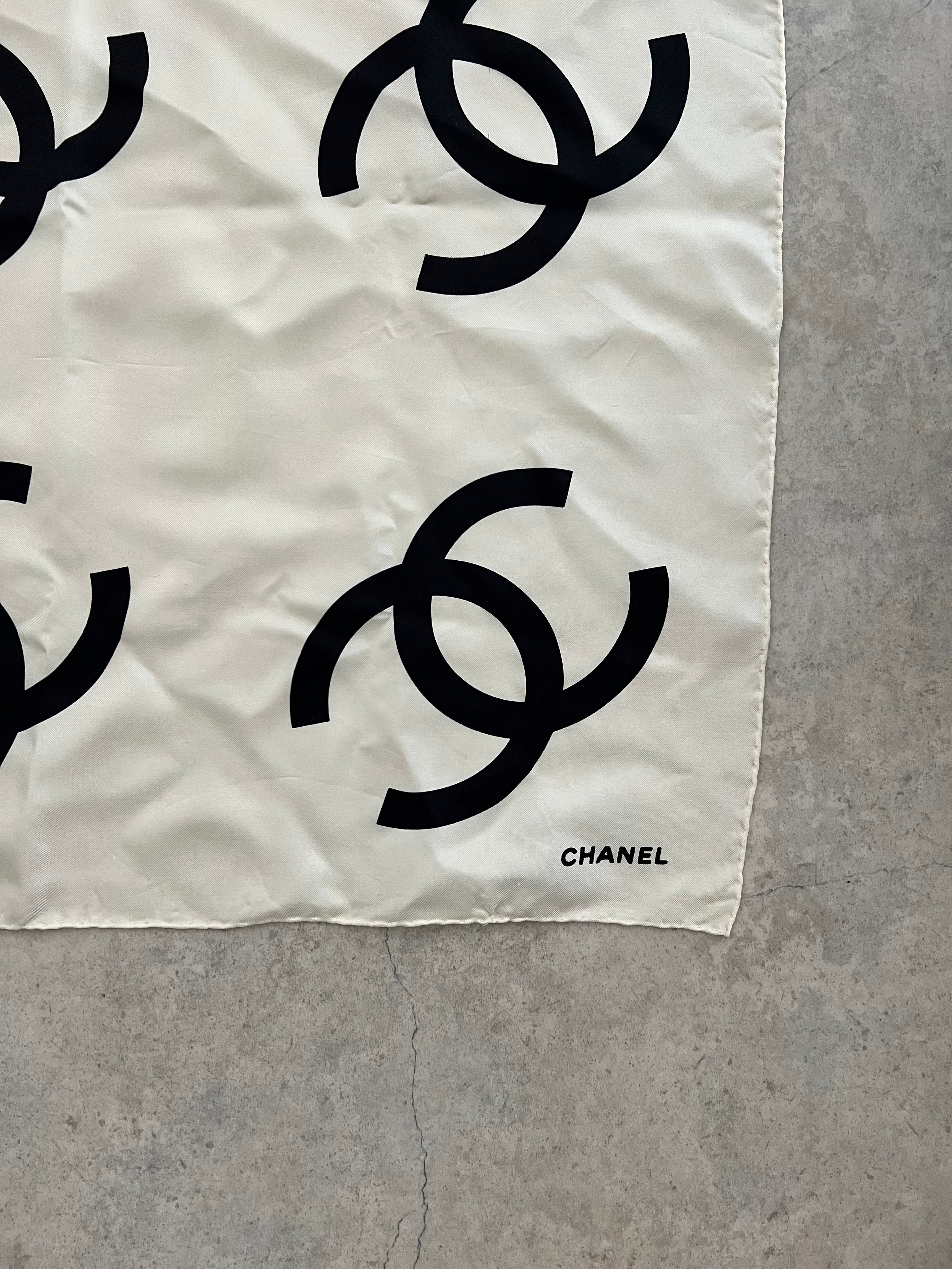 Chanel CC Logo Silk Scarf — White × Black