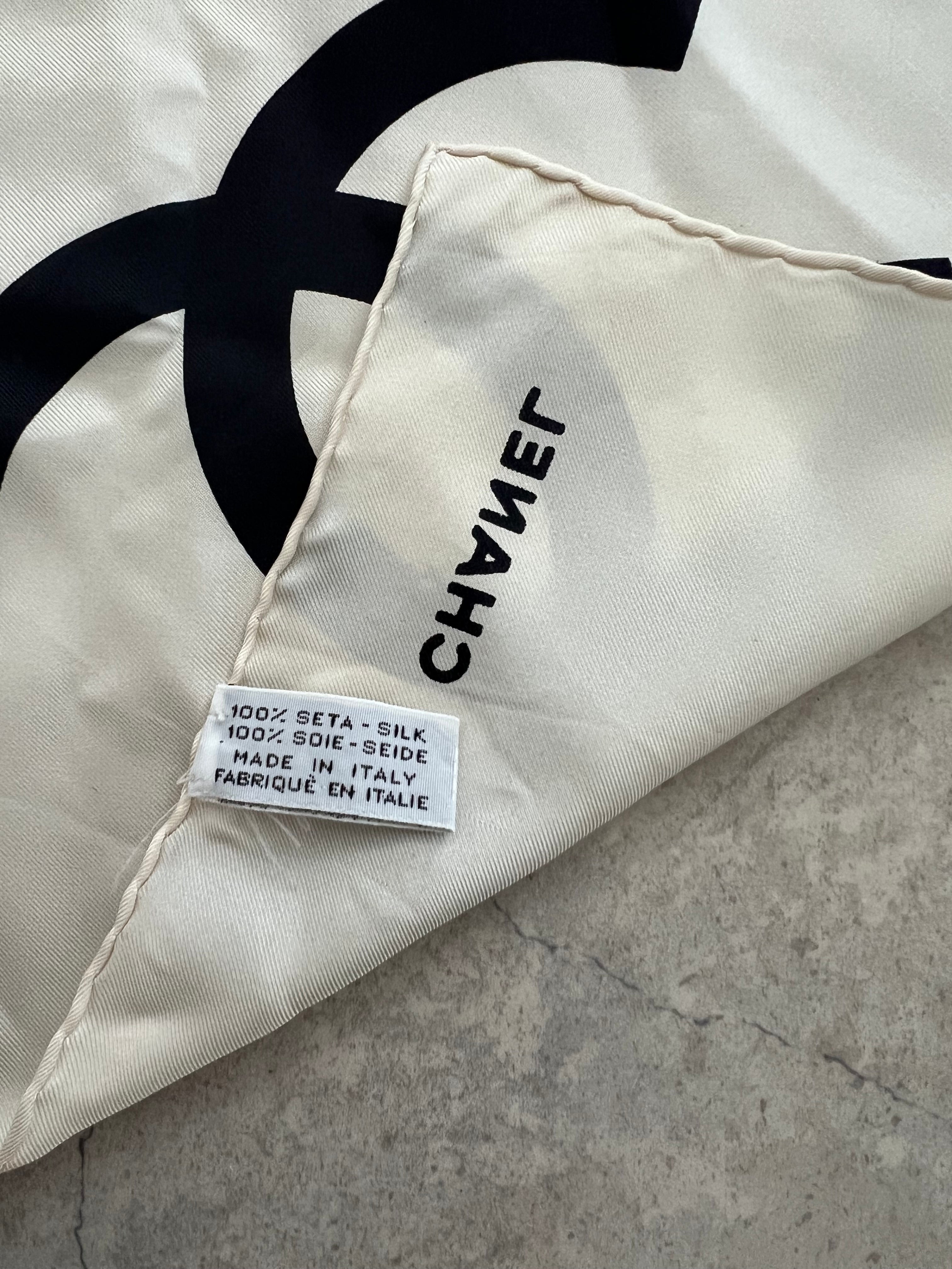Chanel CC Logo Silk Scarf — White × Black