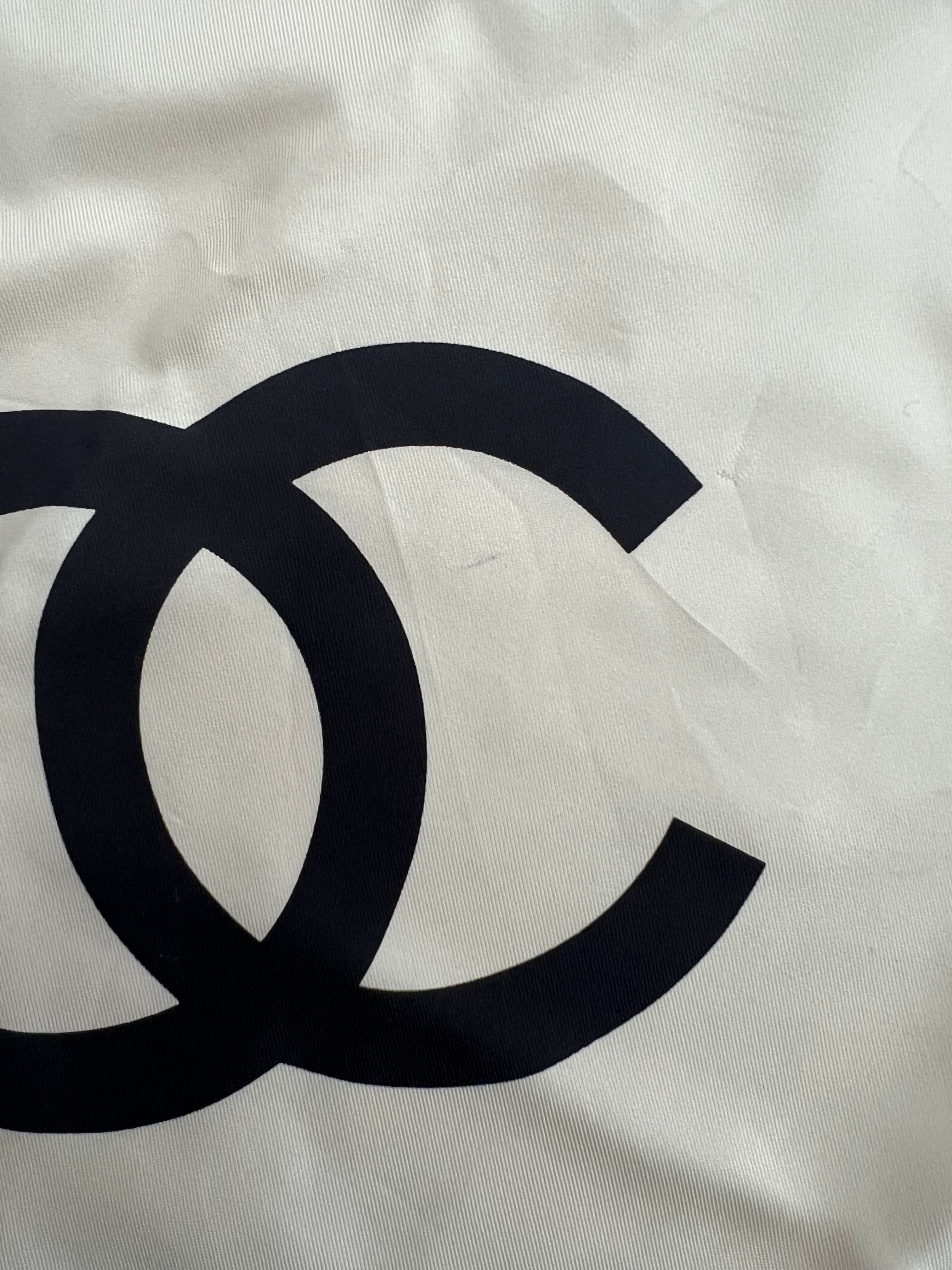 Chanel CC Logo Silk Scarf — White × Black