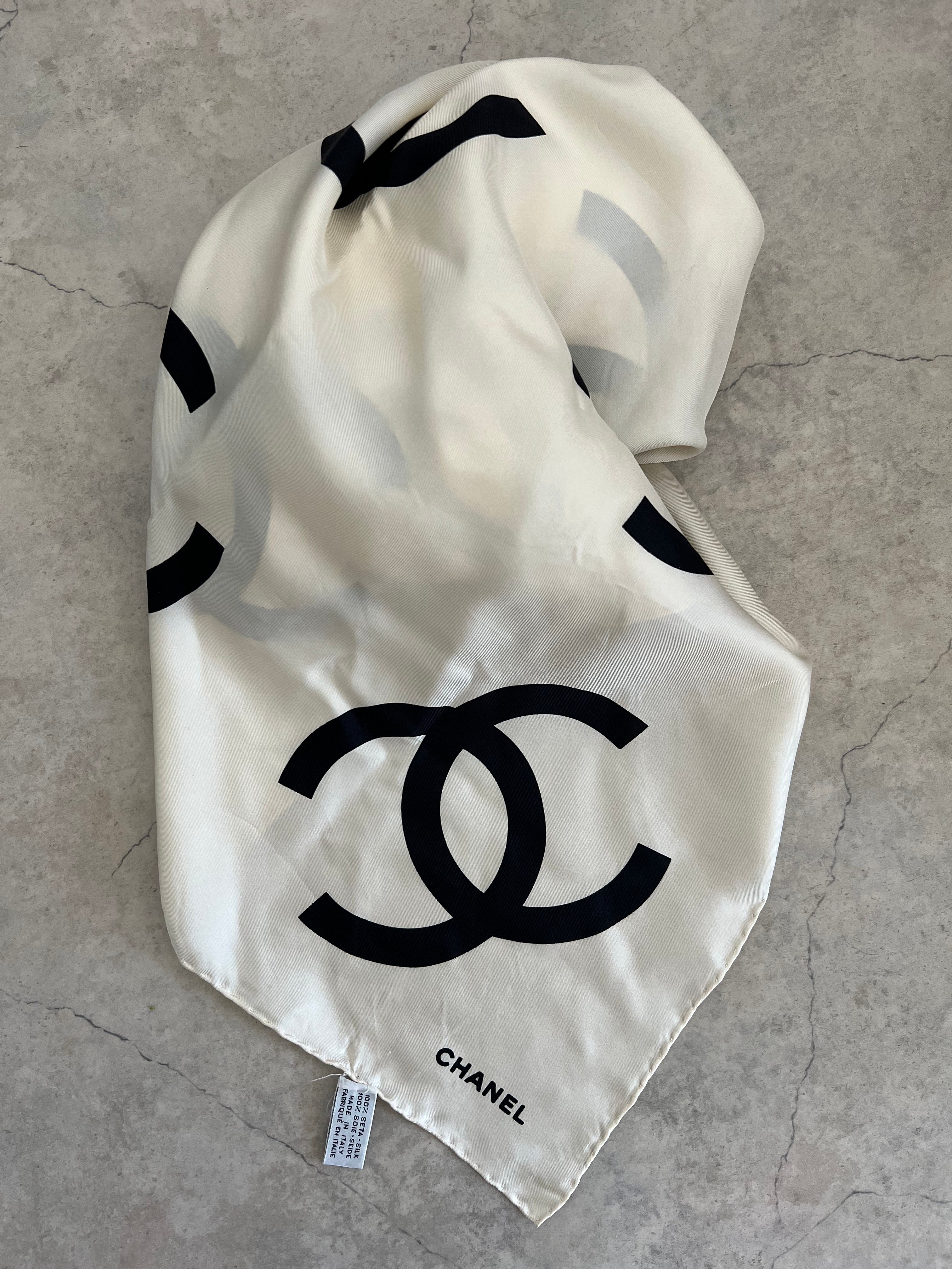 Chanel CC Logo Silk Scarf — White × Black