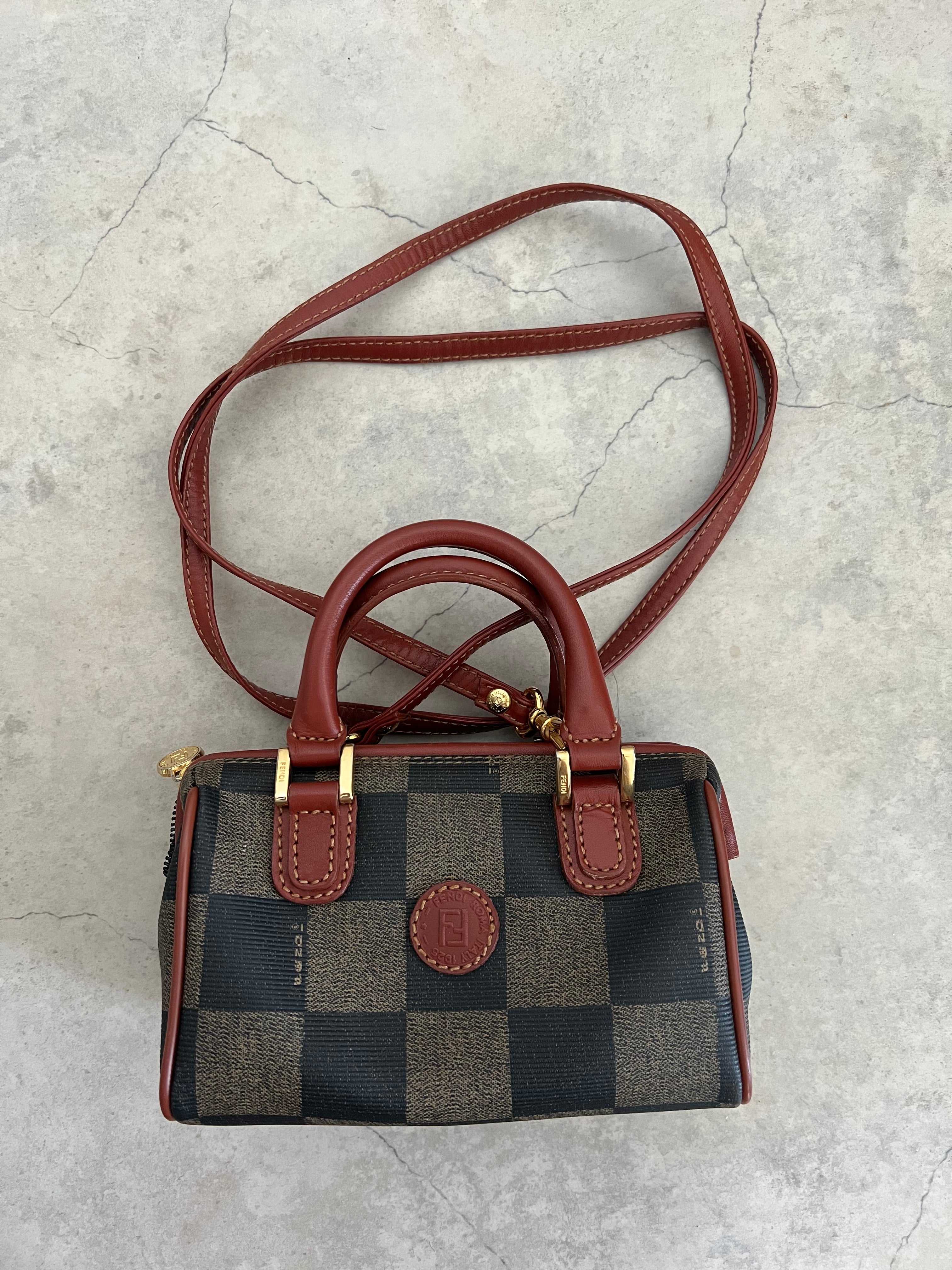Fendi Pequin Mini Boston Bag — Tobacco × Bordeaux