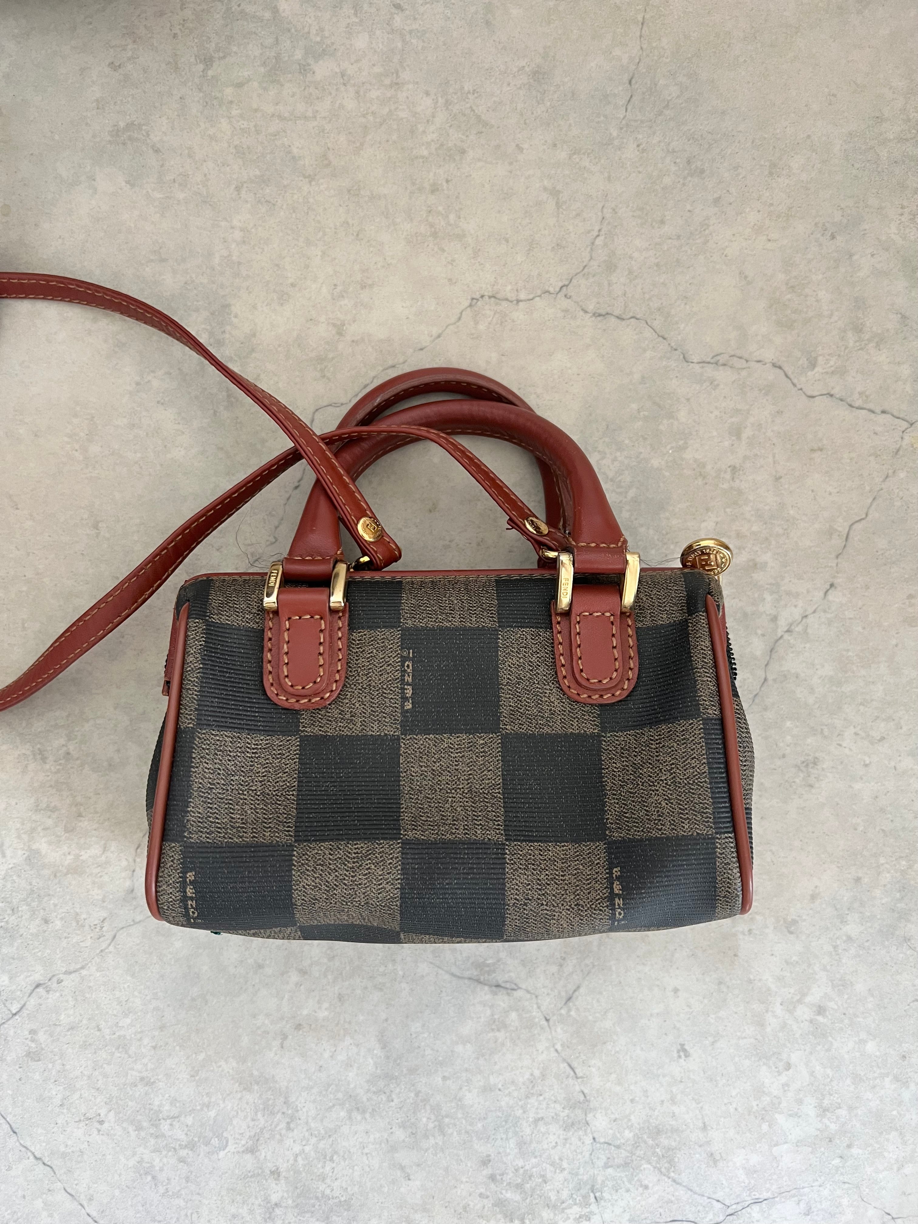 Fendi Pequin Mini Boston Bag — Tobacco × Bordeaux