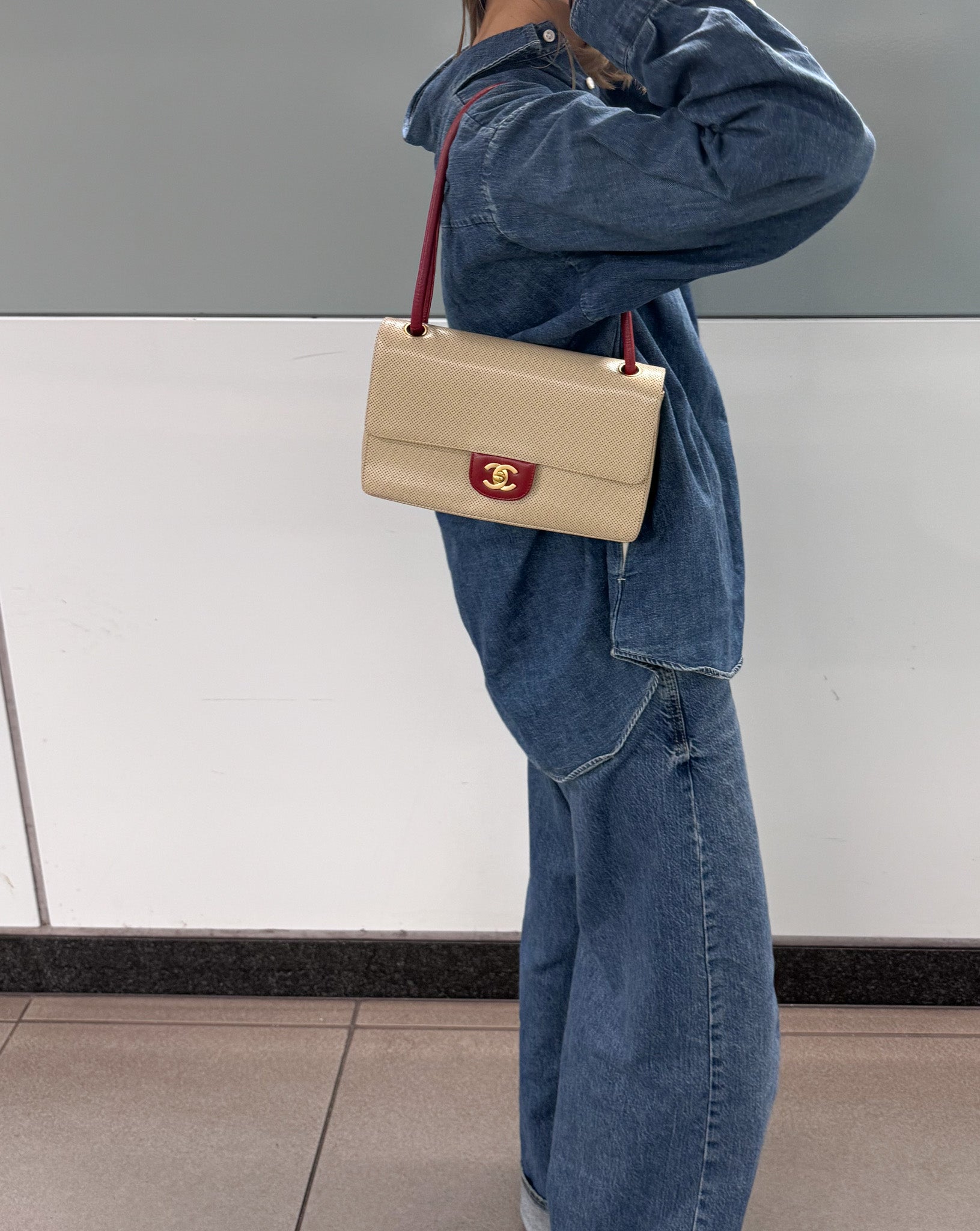 Leather Punching Bicolor Shoulder Bag in Red and Beige