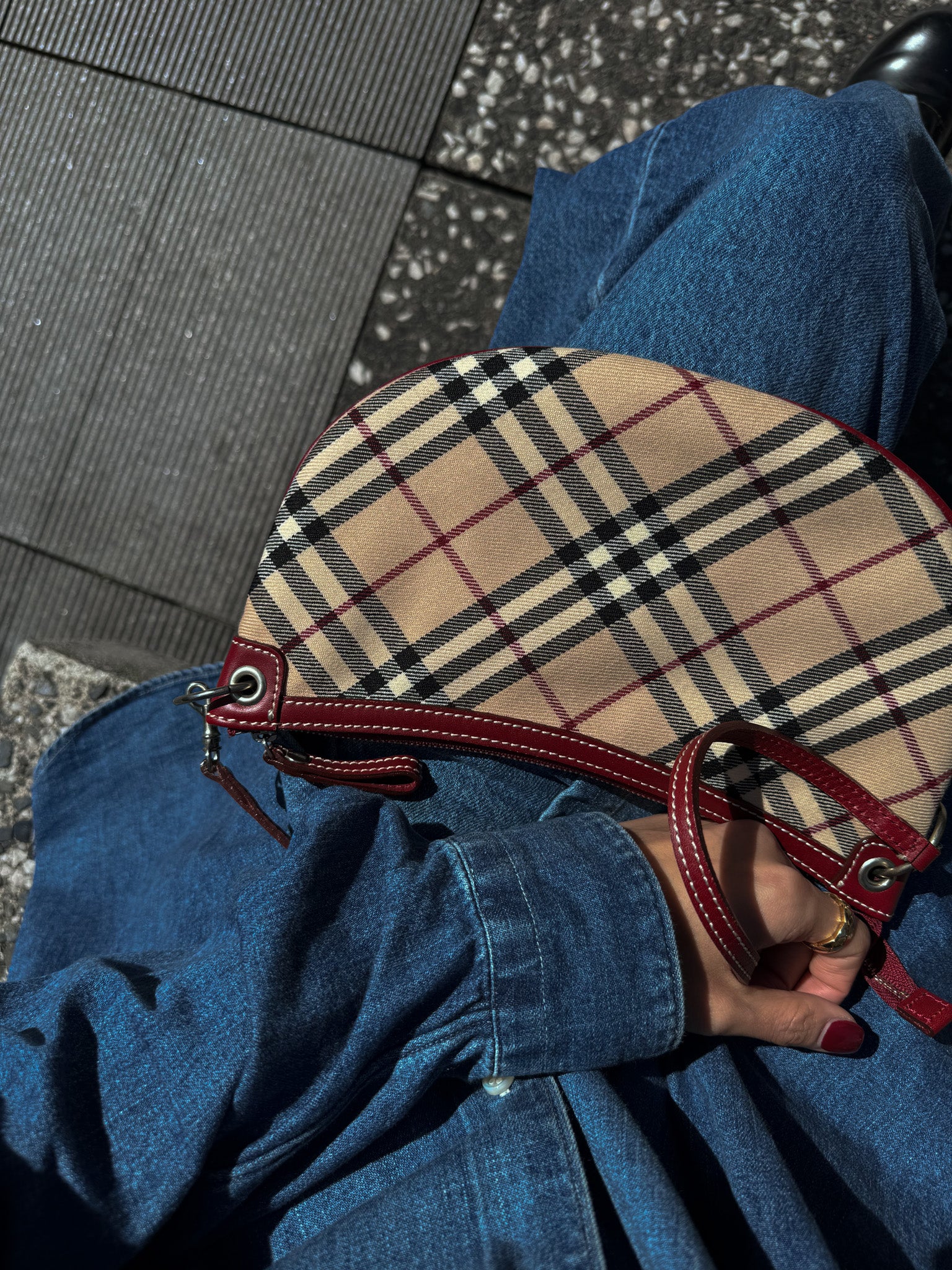 Nova Check Crescent-Shaped Accessory Pouch in Burgundy