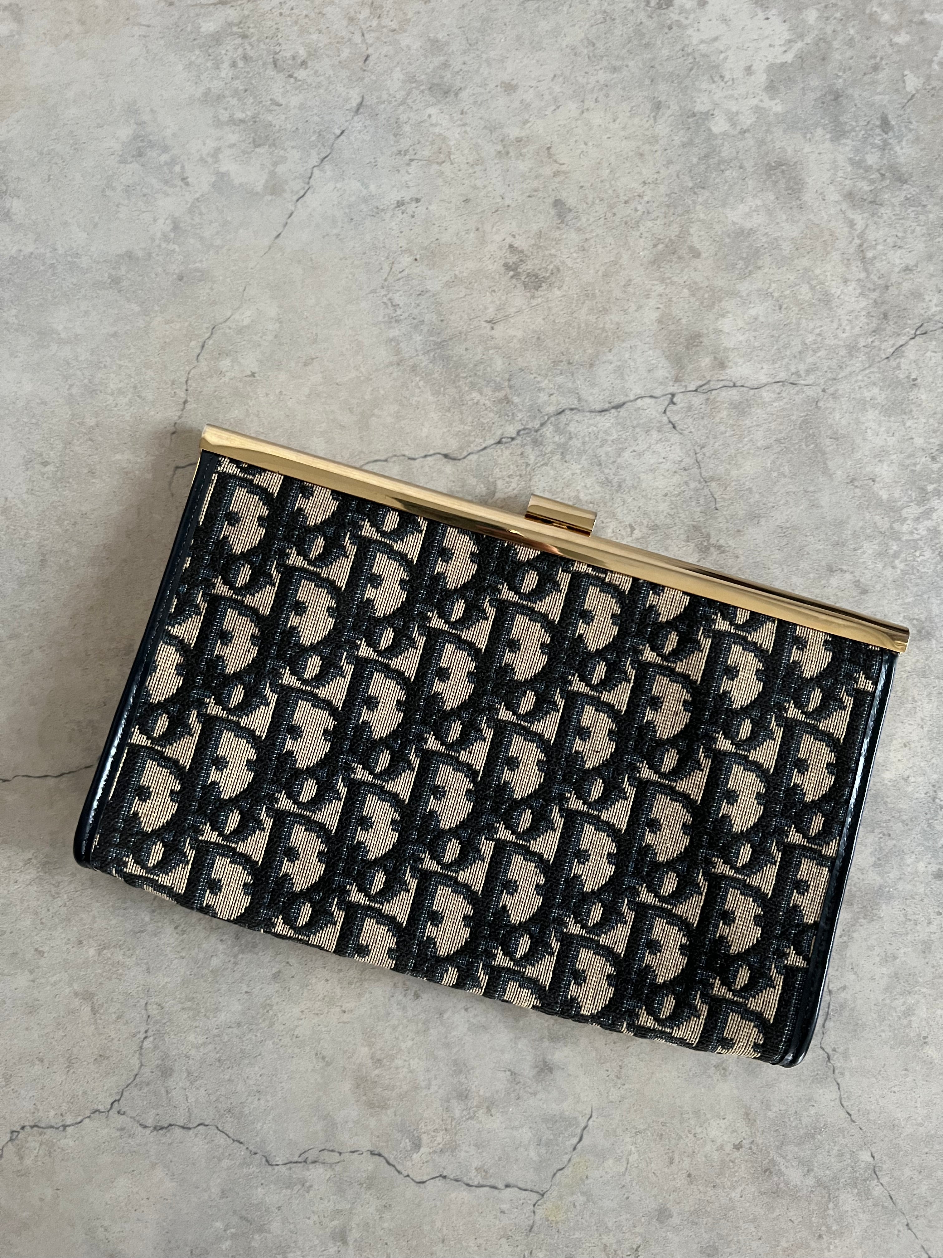 Oblique Jacquard Clutch in Navy Blue with Goldtone Frame