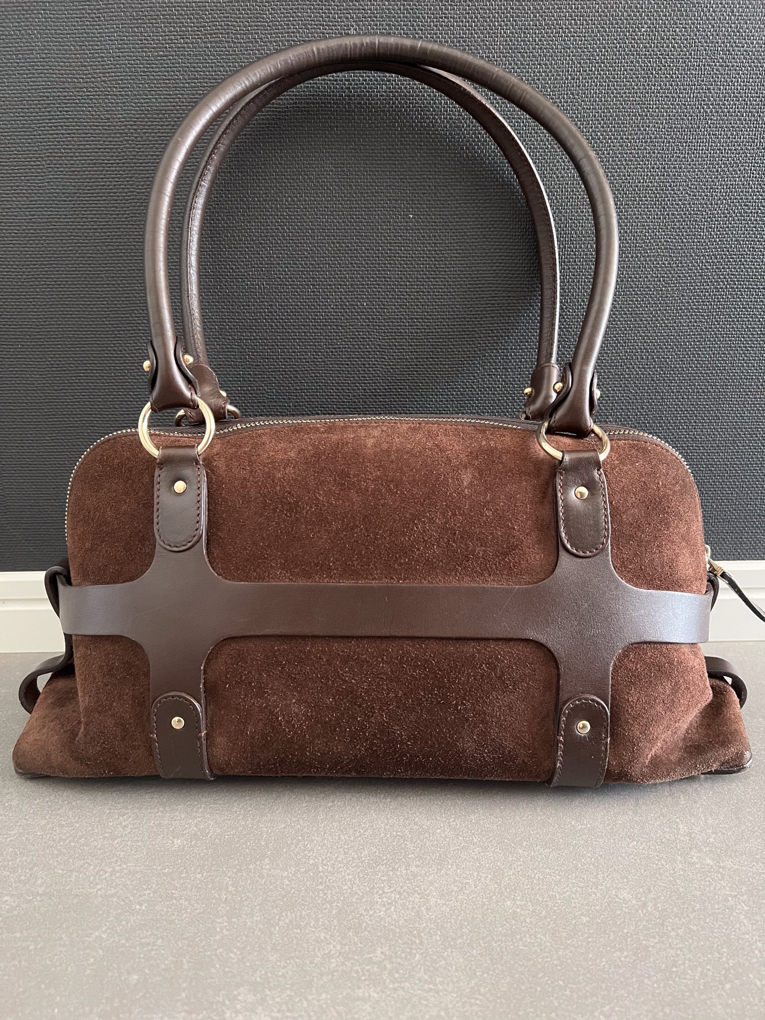 Belt-Buckle Suede Bag in Brown