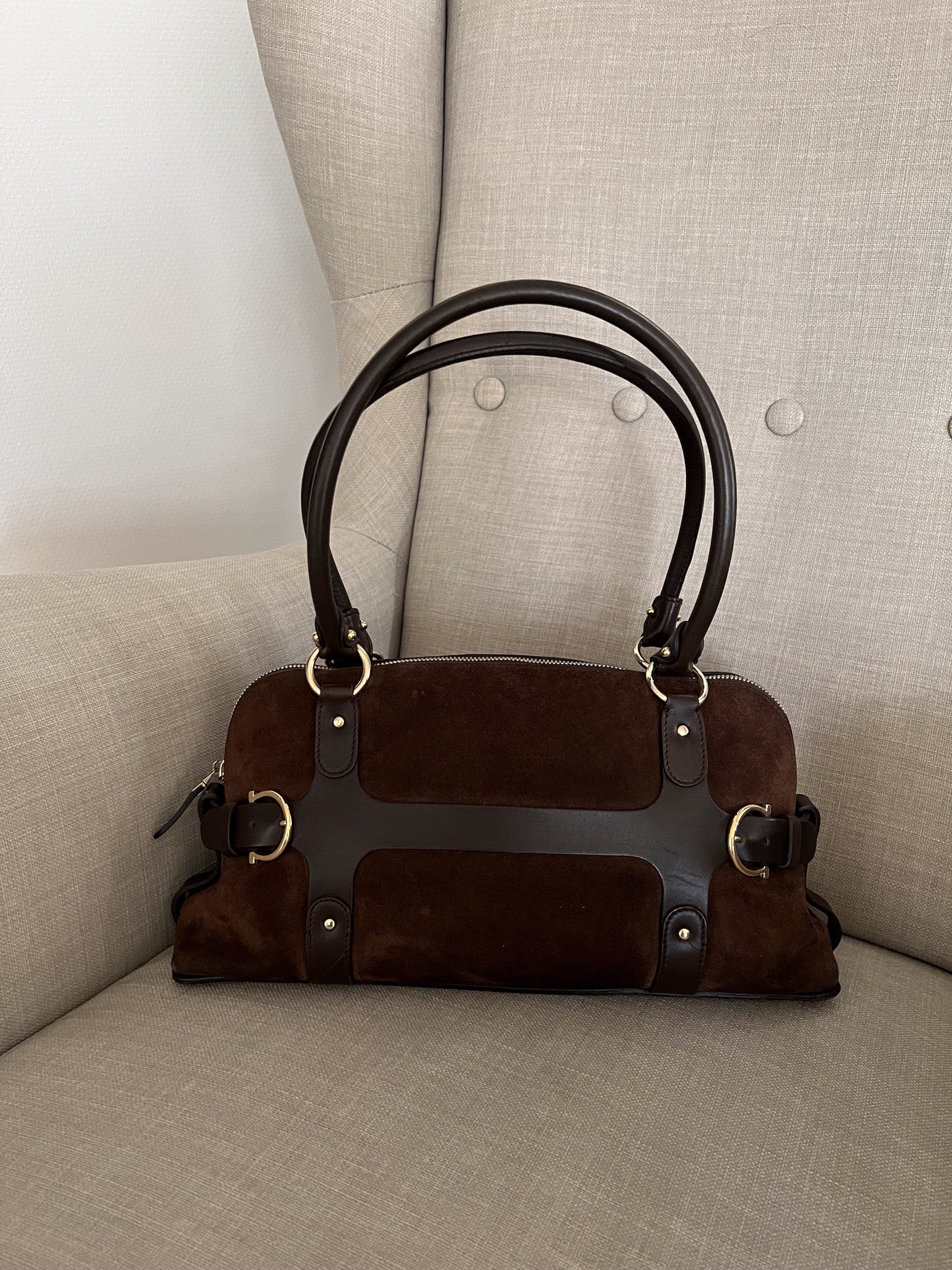 Belt-Buckle Suede Bag in Brown