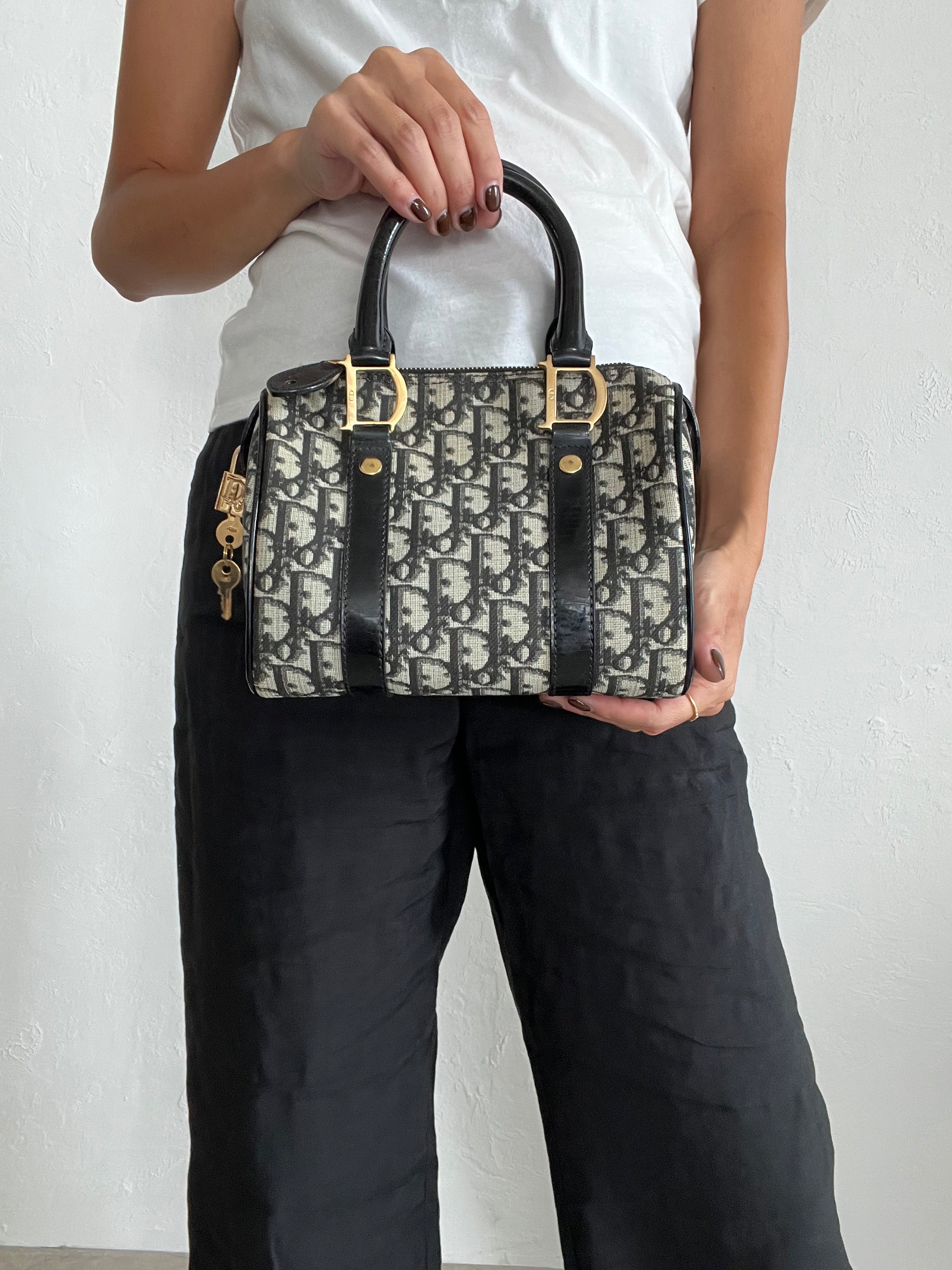 Oblique Canvas Trotter PVC Mini Boston Bag in Navy Blue