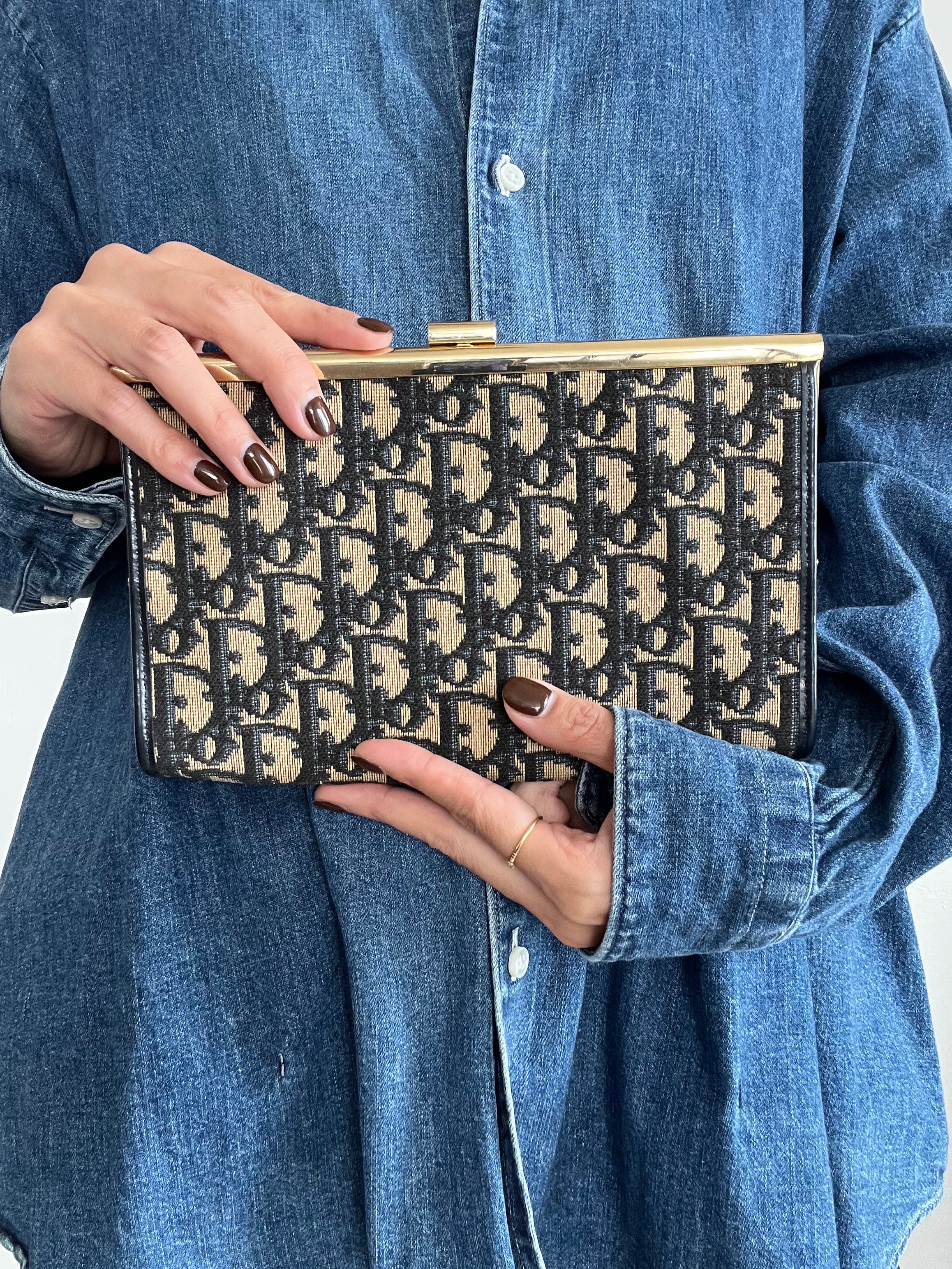 Oblique Jacquard Clutch in Navy Blue with Goldtone Frame