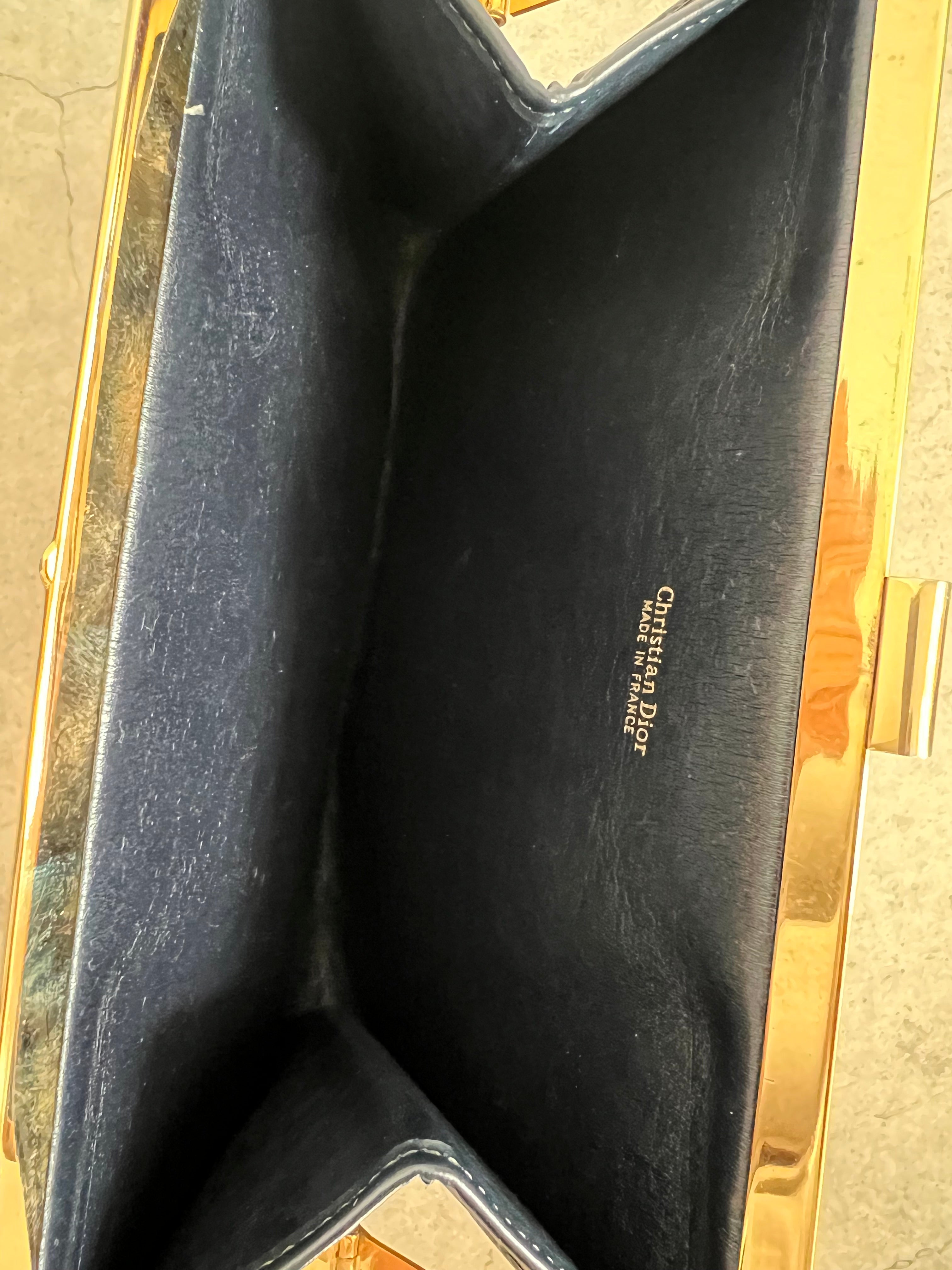 Oblique Jacquard Clutch in Navy Blue with Goldtone Frame